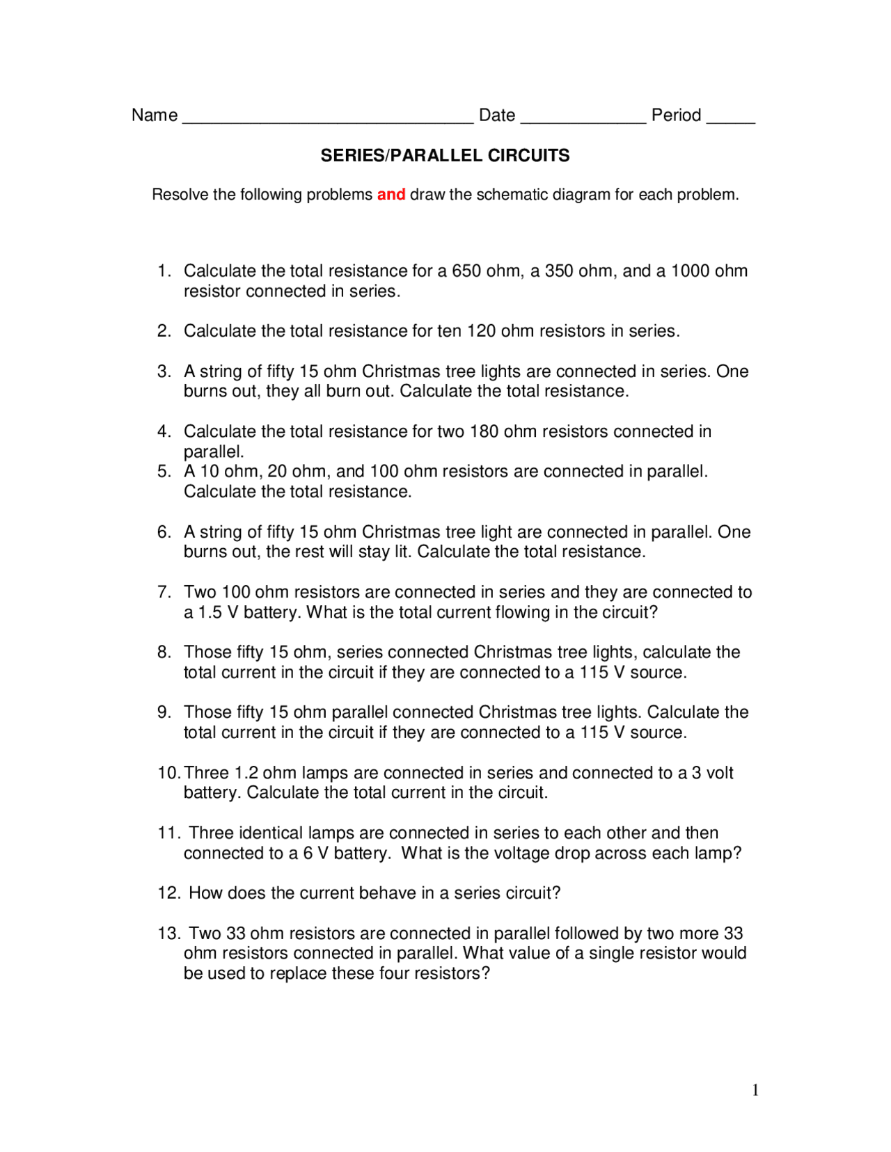 Series and Parallel Circuit Worksheet Problems Physics - Docsity Regarding Series And Parallel Circuits Worksheet