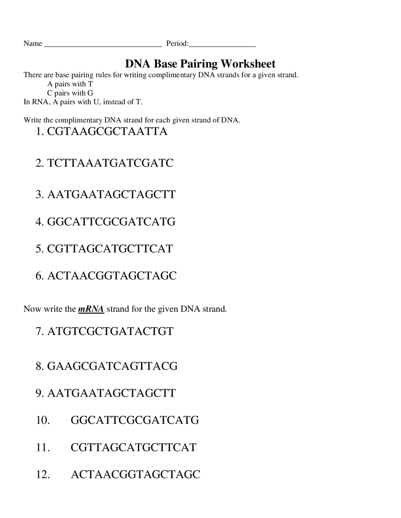 DNA Base Pairing Worksheet - Docsity Regarding Dna Base Pairing Worksheet Answers