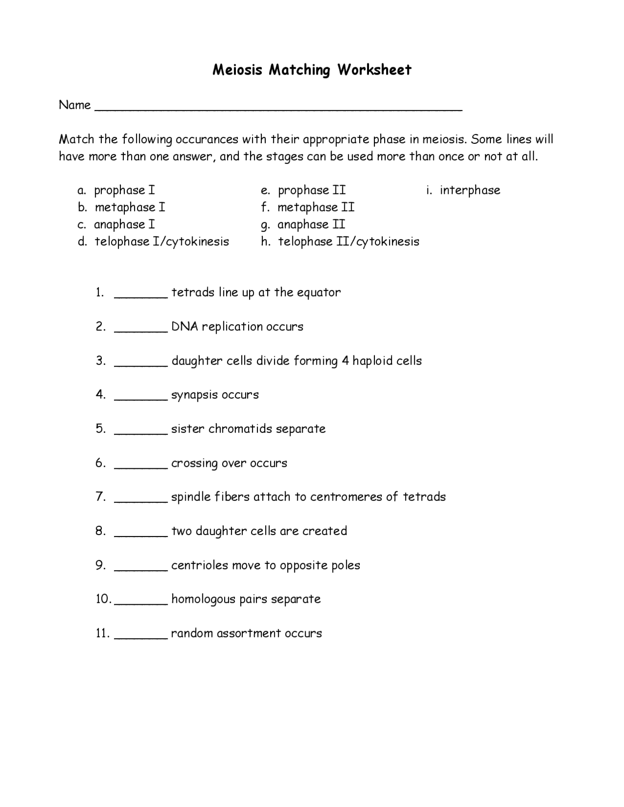 Meiosis Matching Worksheet - Docsity Regarding Meiosis Matching Worksheet Answer Key