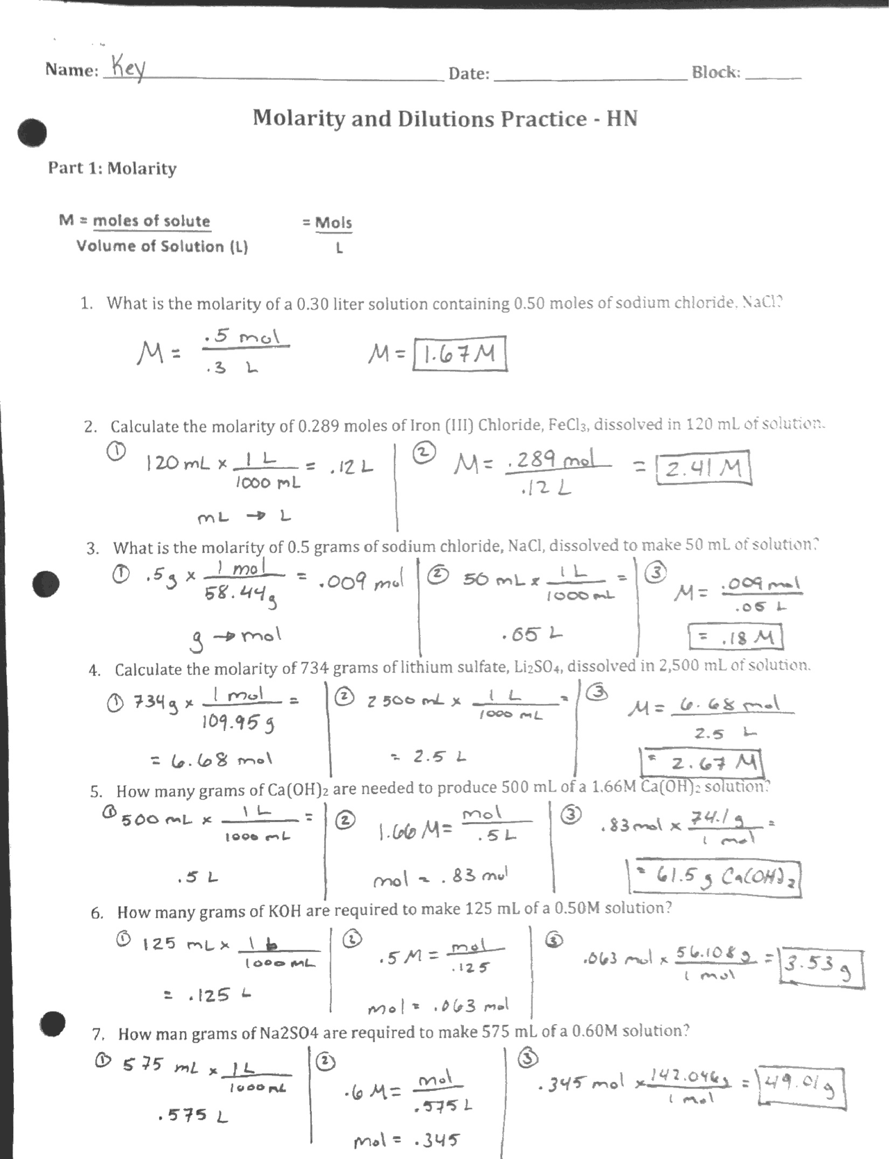 Molarity and Dilutions Practice Worksheet Key | Exercises Chemistry |  Docsity