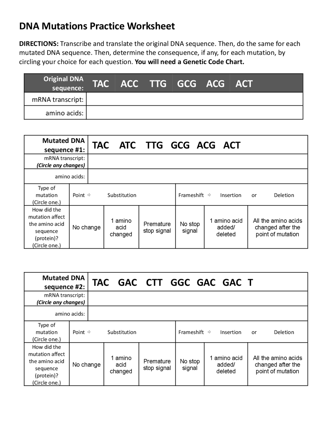 DNA Mutations Practice Worksheet - Docsity With Dna Mutations Practice Worksheet