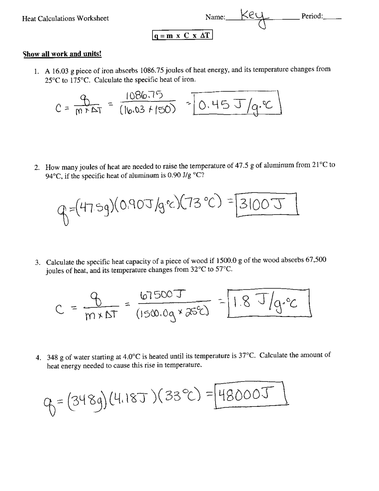 Heat Calculations Worksheet with Solutions | Exercises Thermodynamics |  Docsity