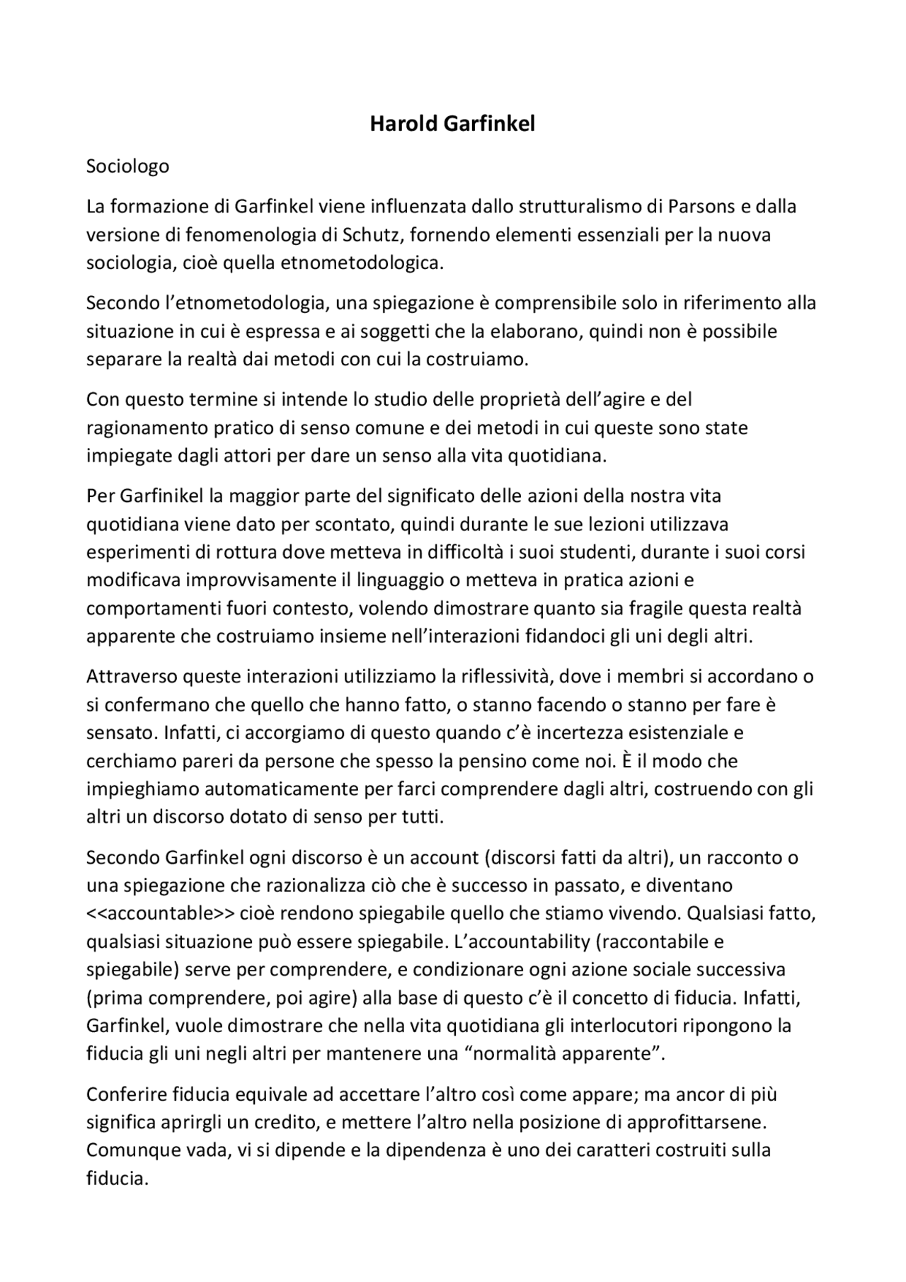 Harold Garfinkel e il suo pensiero - Docsity