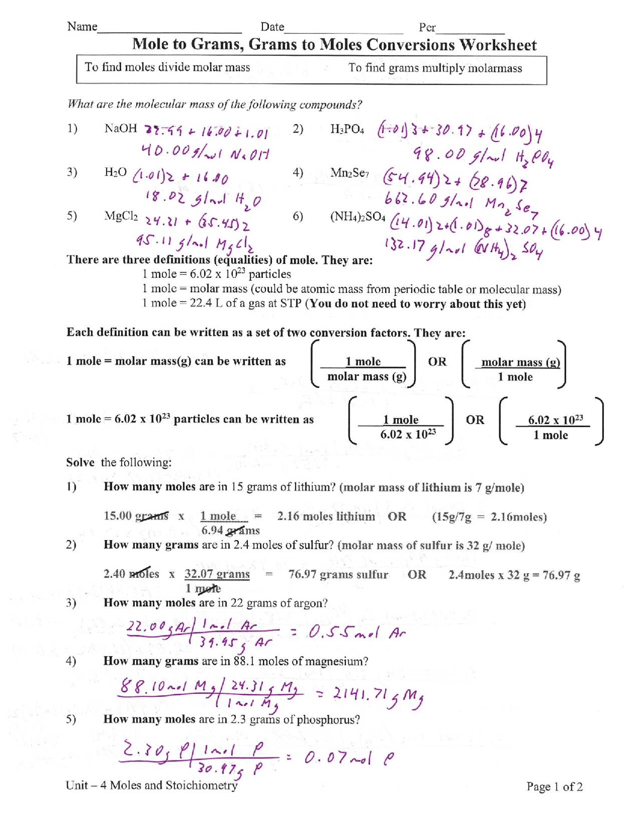 Moles to Grams, Grams to Moles Conversion Worksheet Key - Docsity With Chemistry Conversion Factors Worksheet