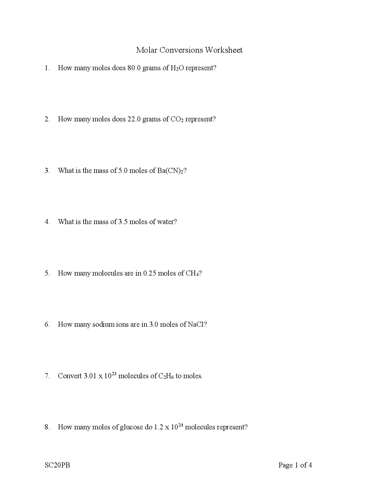 Molar Conversions Worksheet Questions | Exercises Chemistry | Docsity
