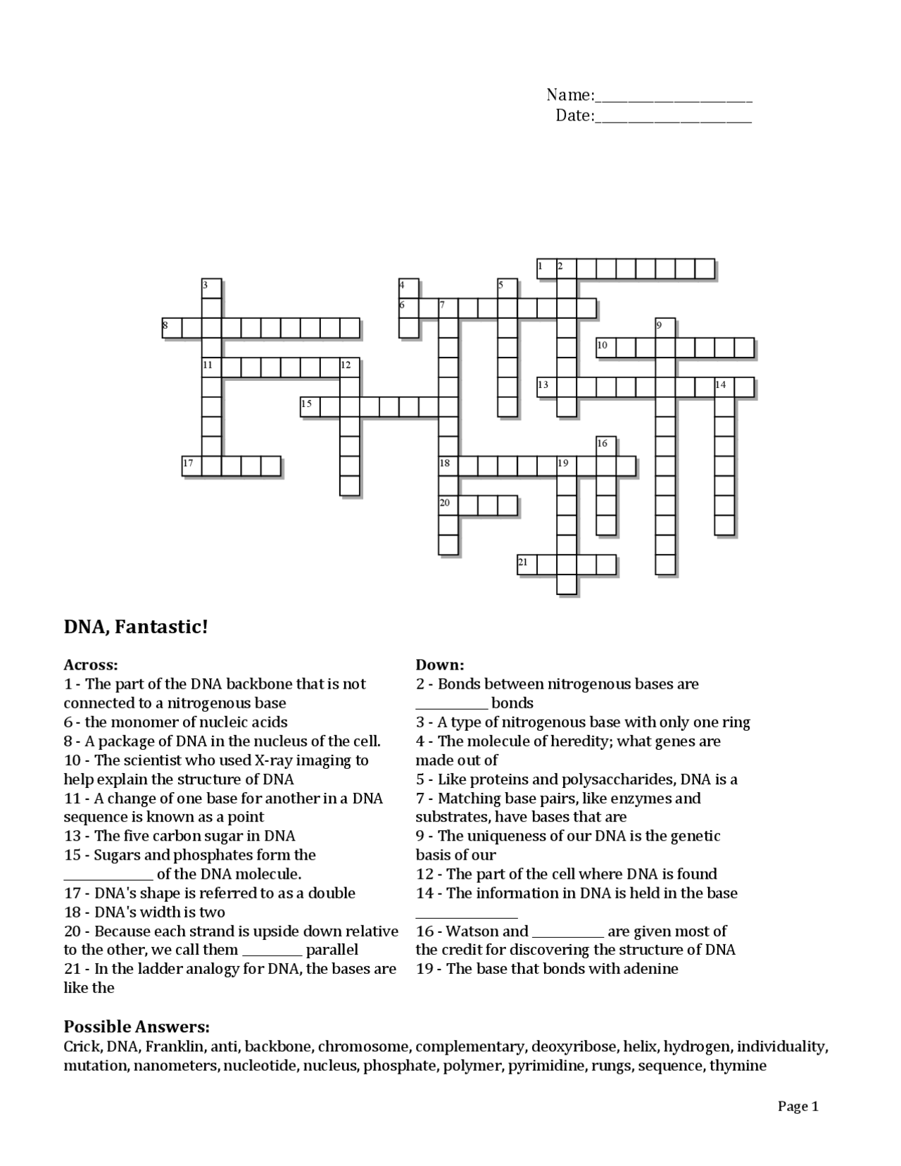 Crossword Puzzle with DNA Worksheet | Exercises Genetics | Docsity