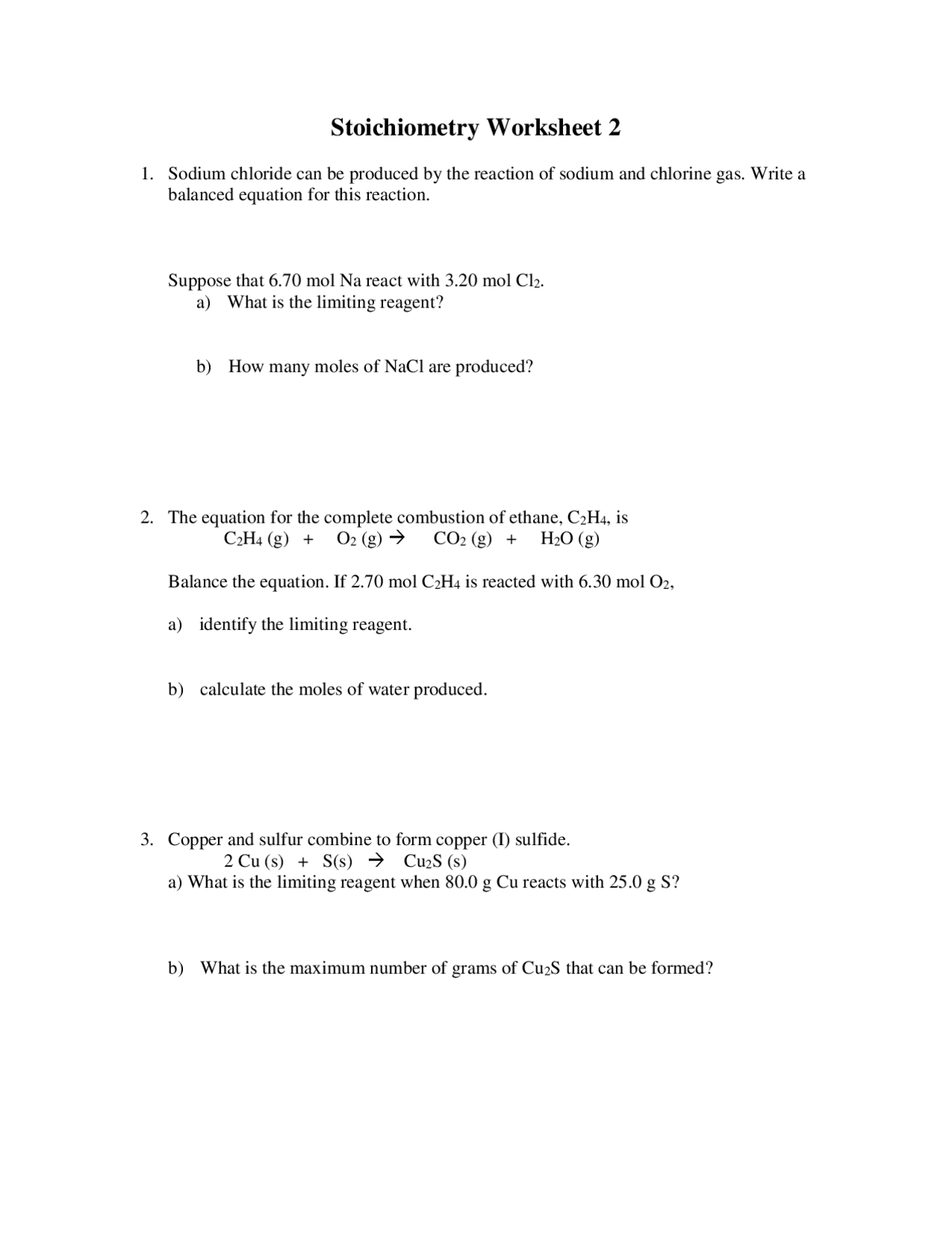 Stoichiometry Worksheet 2 Practice Problems | Exercises Chemistry | Docsity