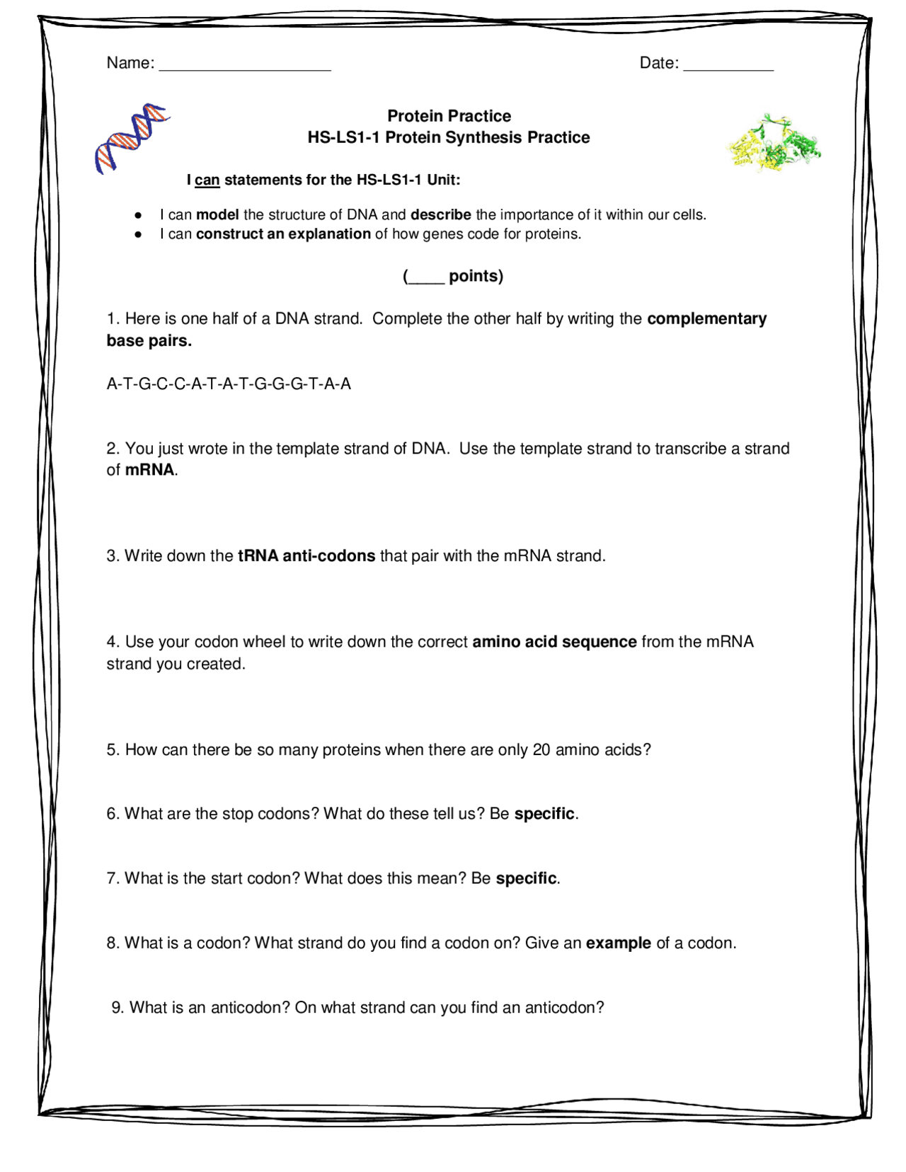 Protein Practice Protein Synthesis Practice Worksheet Docsity