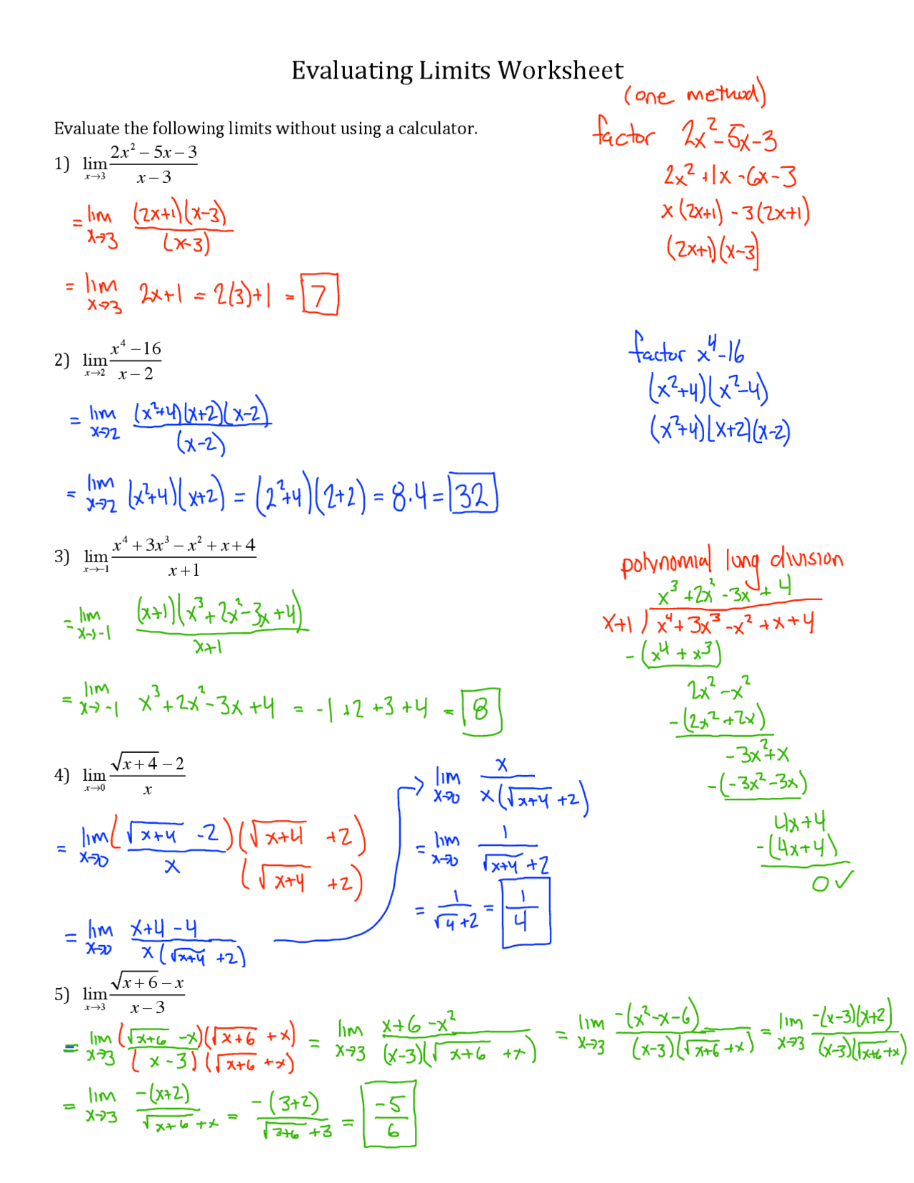 Evaluating Limits Worksheet Solutions - PreCalculus | Exercises Power Plant  Engineering | Docsity