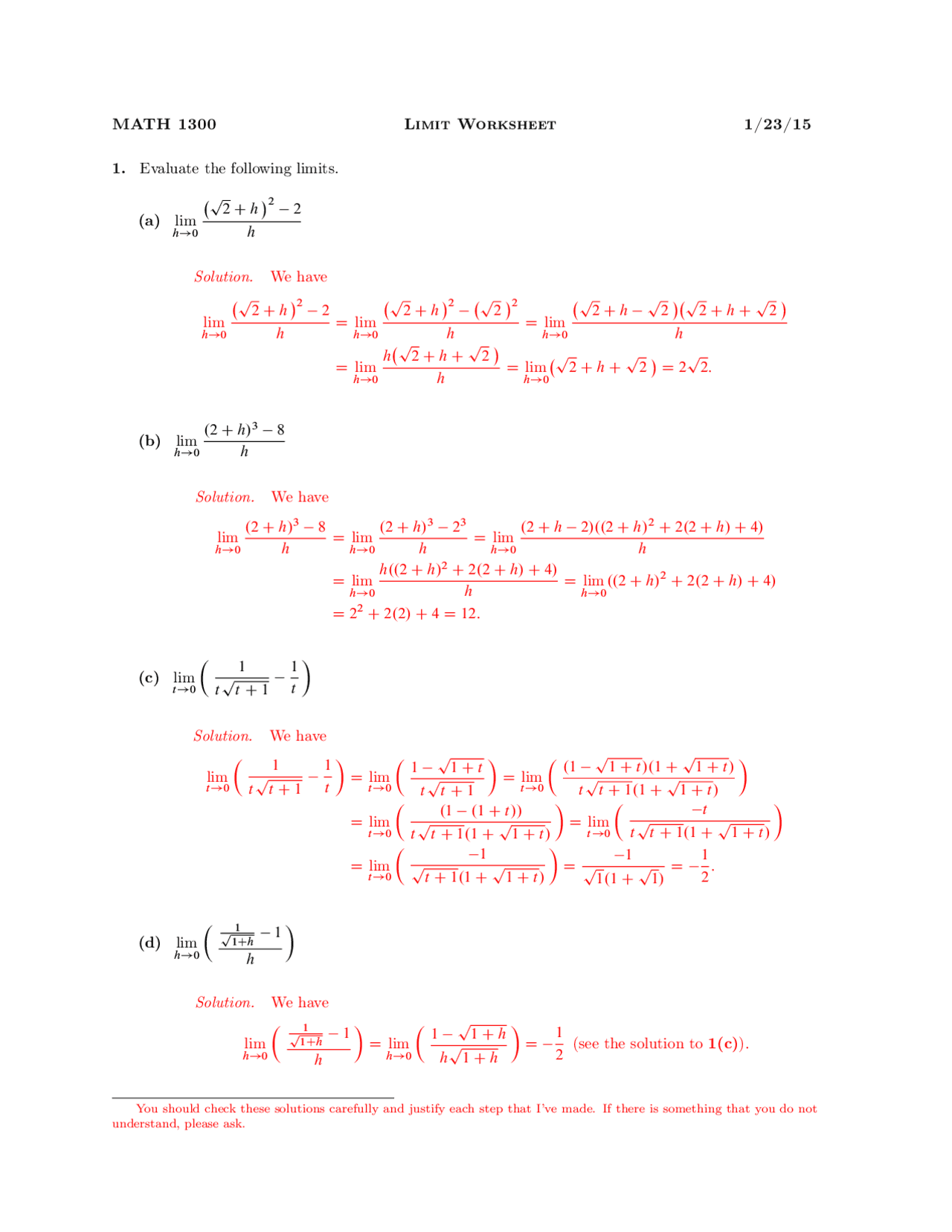 Limit Worksheet with Solutions - Vector Geometry and Linear Algebra ...