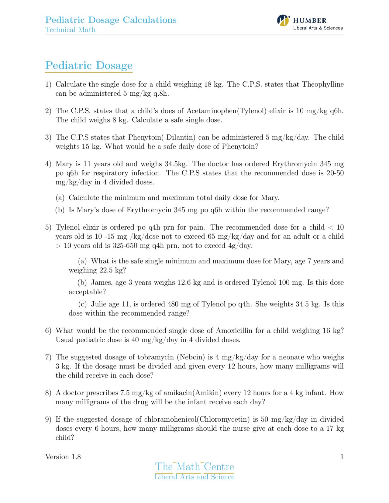 Pediatric Dosage Calculations Worksheet with Key | Exercises Mathematics |  Docsity