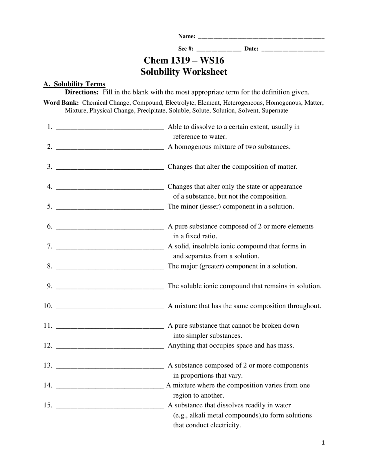 Solubility Worksheet General Chemistry Exercises Chemistry Docsity