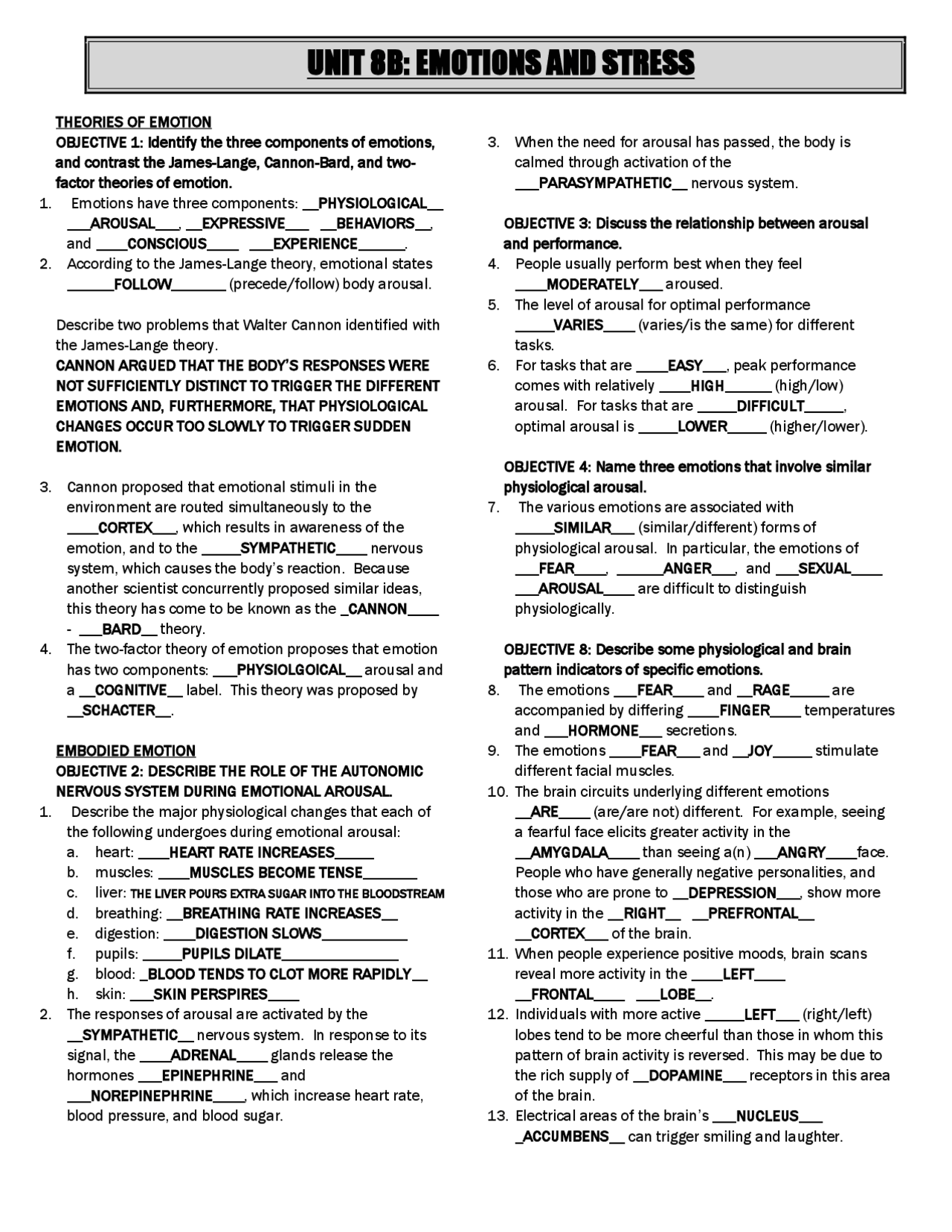 Theory of Emotion Worksheet | Exercises Psychology | Docsity