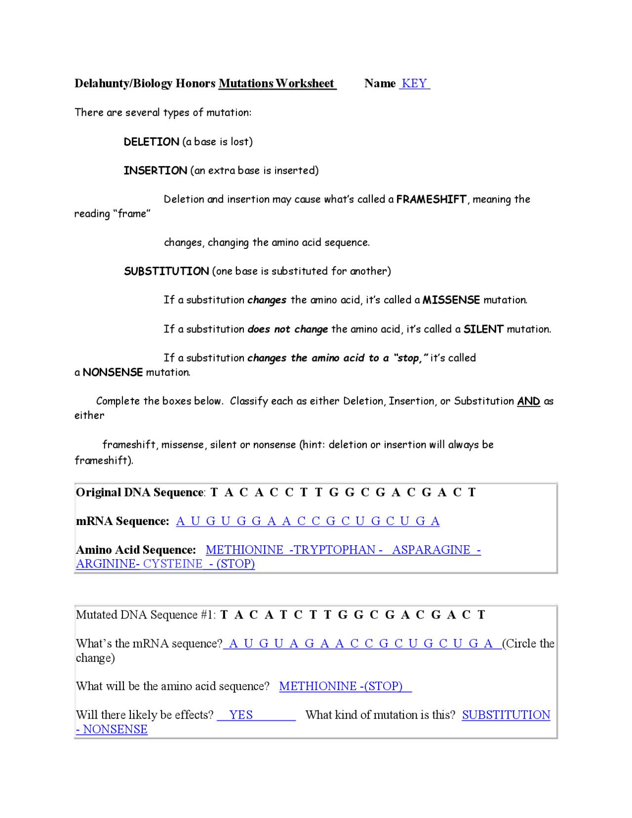 Biology Honors Mutations Worksheet Key | Exercises Biology | Docsity
