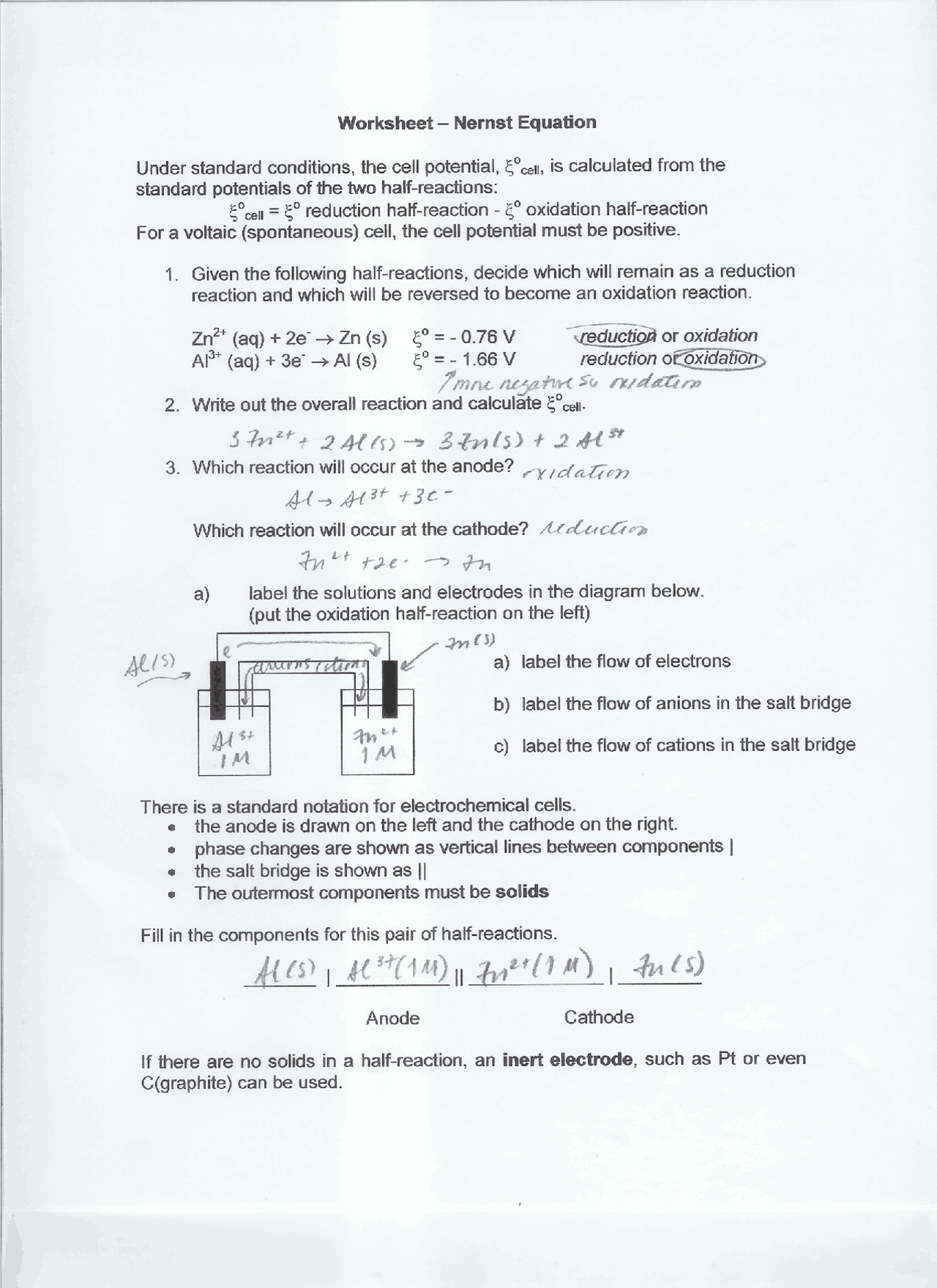 Nernst Equations Worksheet with Key - Docsity