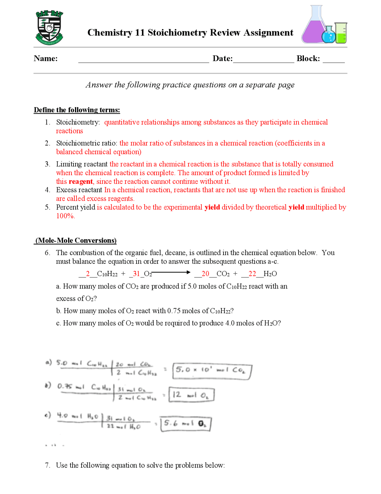 Worksheet Stoichiometry Mole to Mole Ratio with Answers | Exercises  Chemistry | Docsity