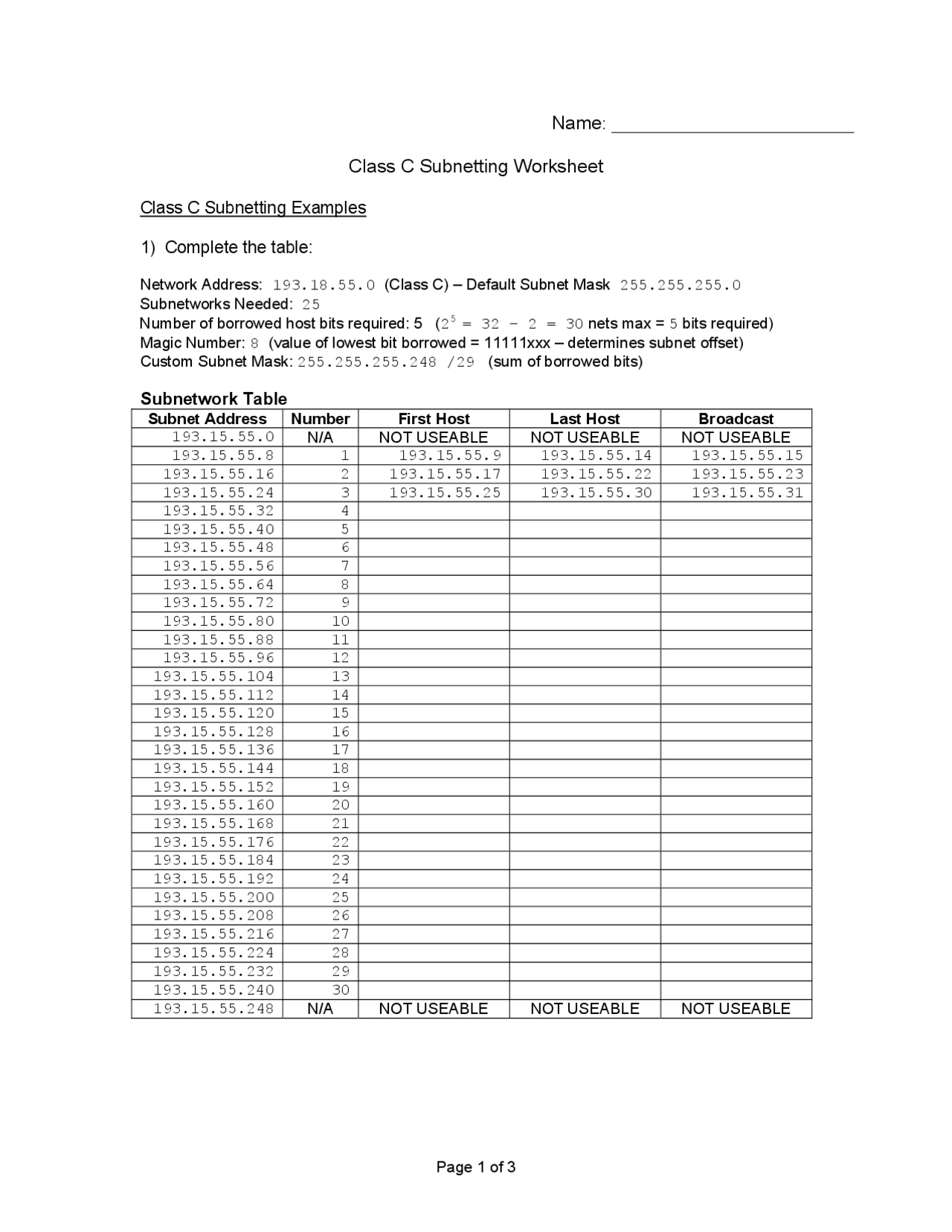 Subnetting Worksheet Networking | Exercises Computer Networks | Docsity