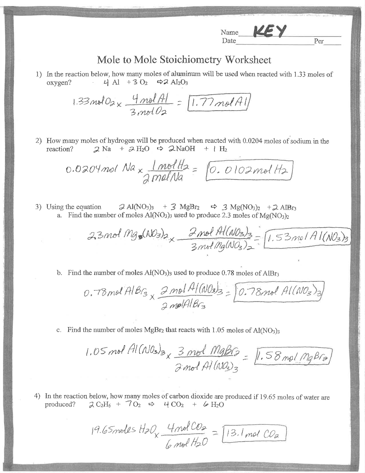 Mole to Mole Stoichiometry Worksheet Key | Exercises Chemistry | Docsity