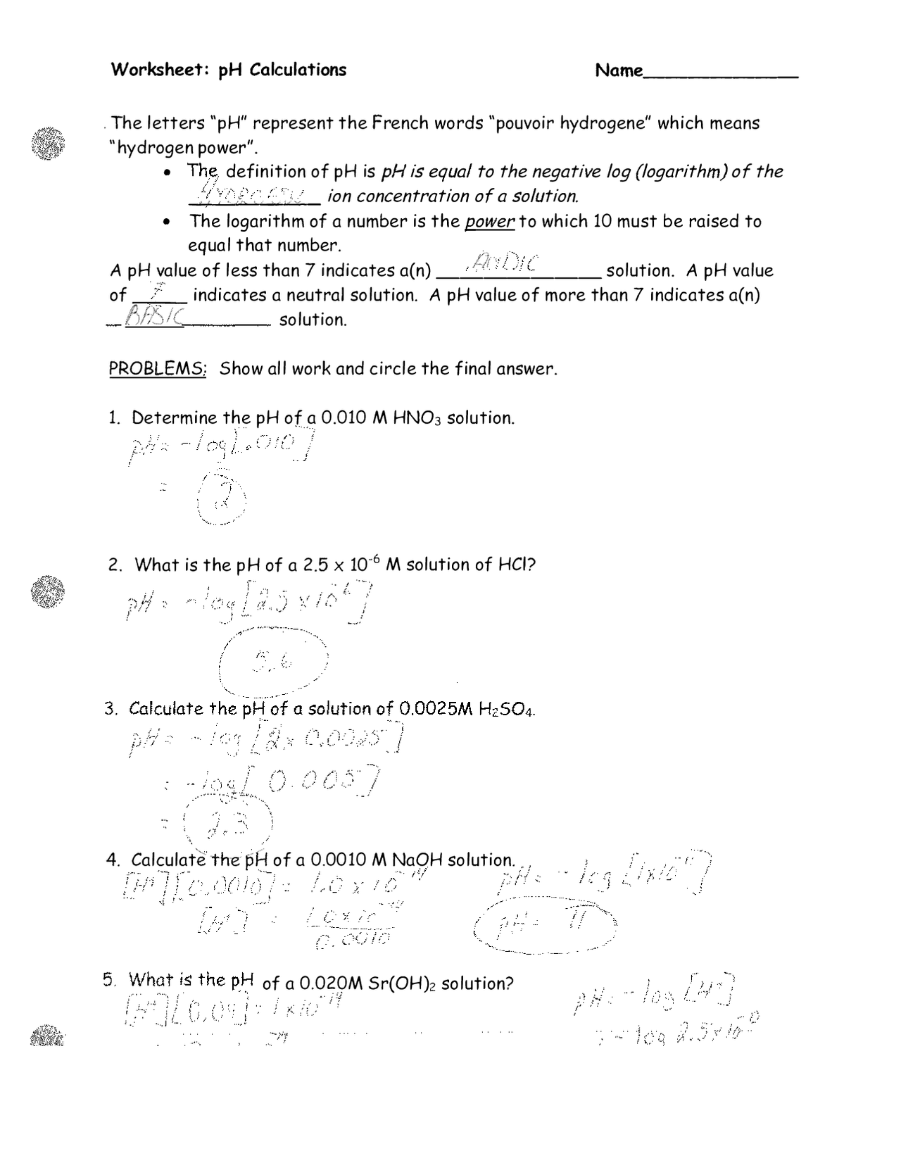 Worksheet With Solutions On Ph Worksheet With Solutions On Ph