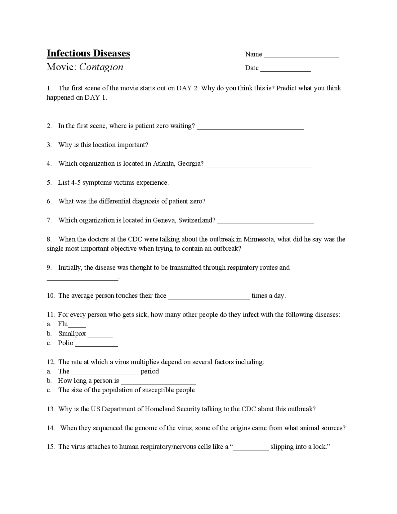 Worksheet on Contagion Infectious Diseases - Docsity