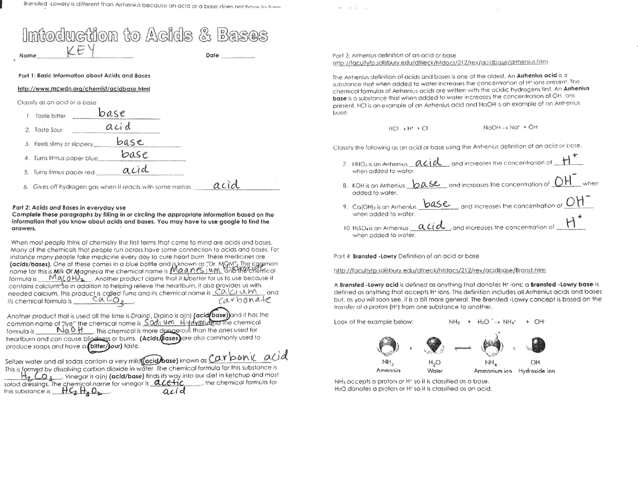Worksheet Key for Introduction to Acids and Bases | Exercises Chemistry |  Docsity