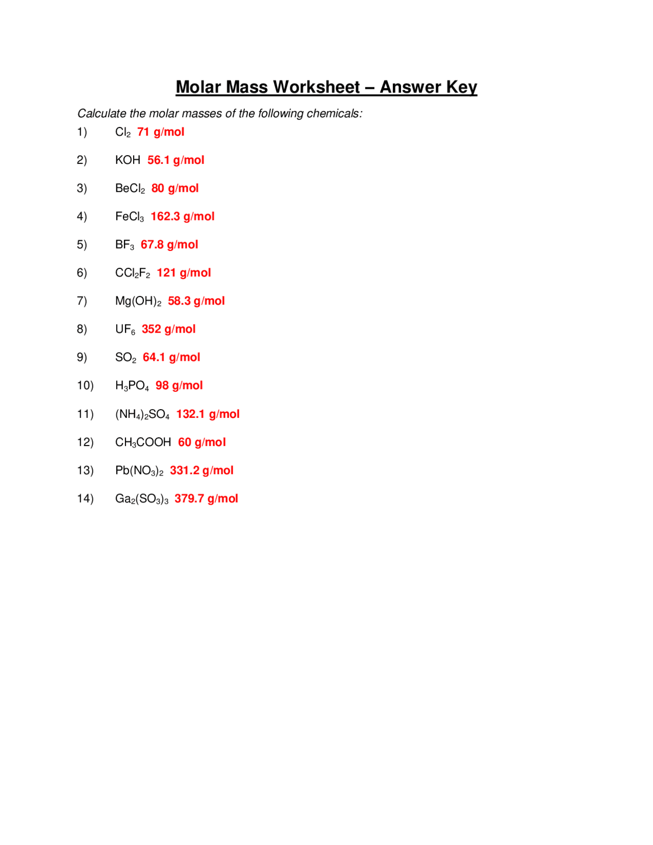 Mole and Avogadro's Number Worksheet with Answers | Exercises Chemistry |  Docsity