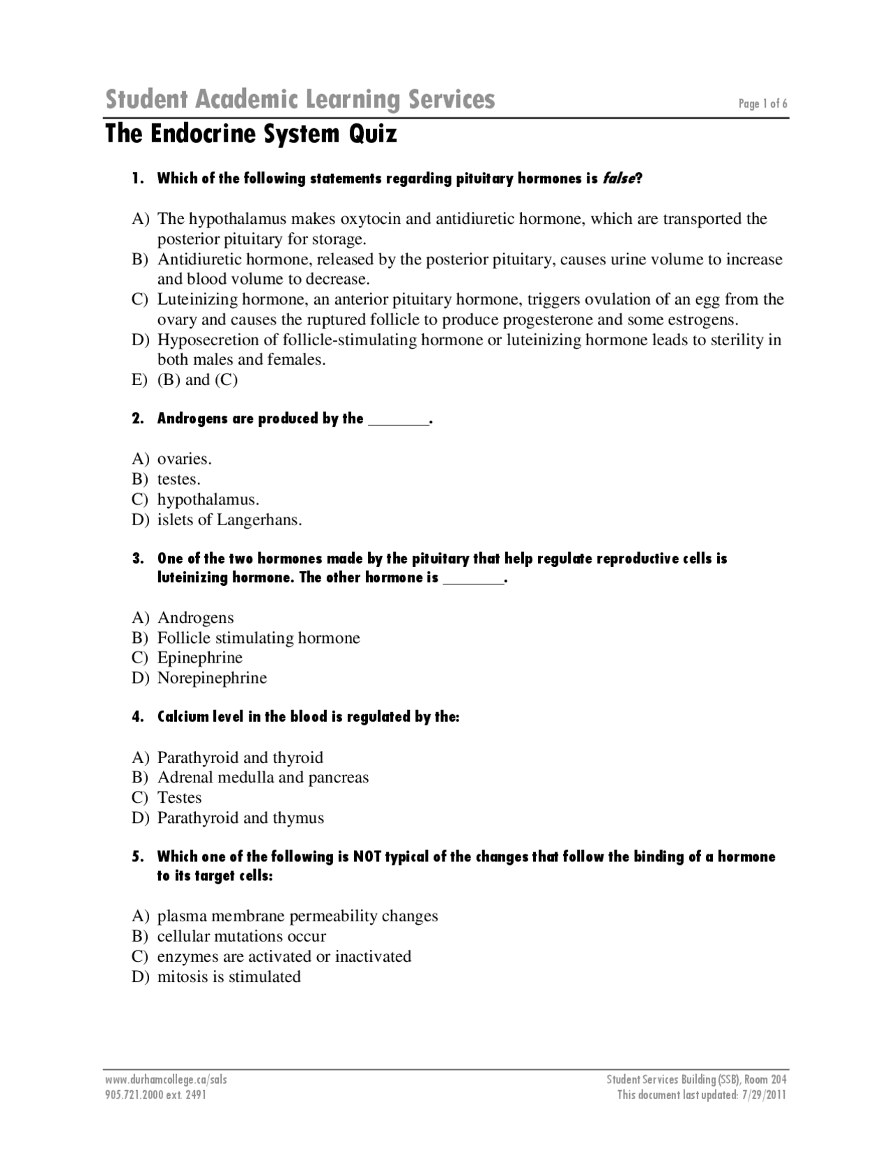 Worksheet Endocrine System Quiz with Answers | Exercises Biology | Docsity