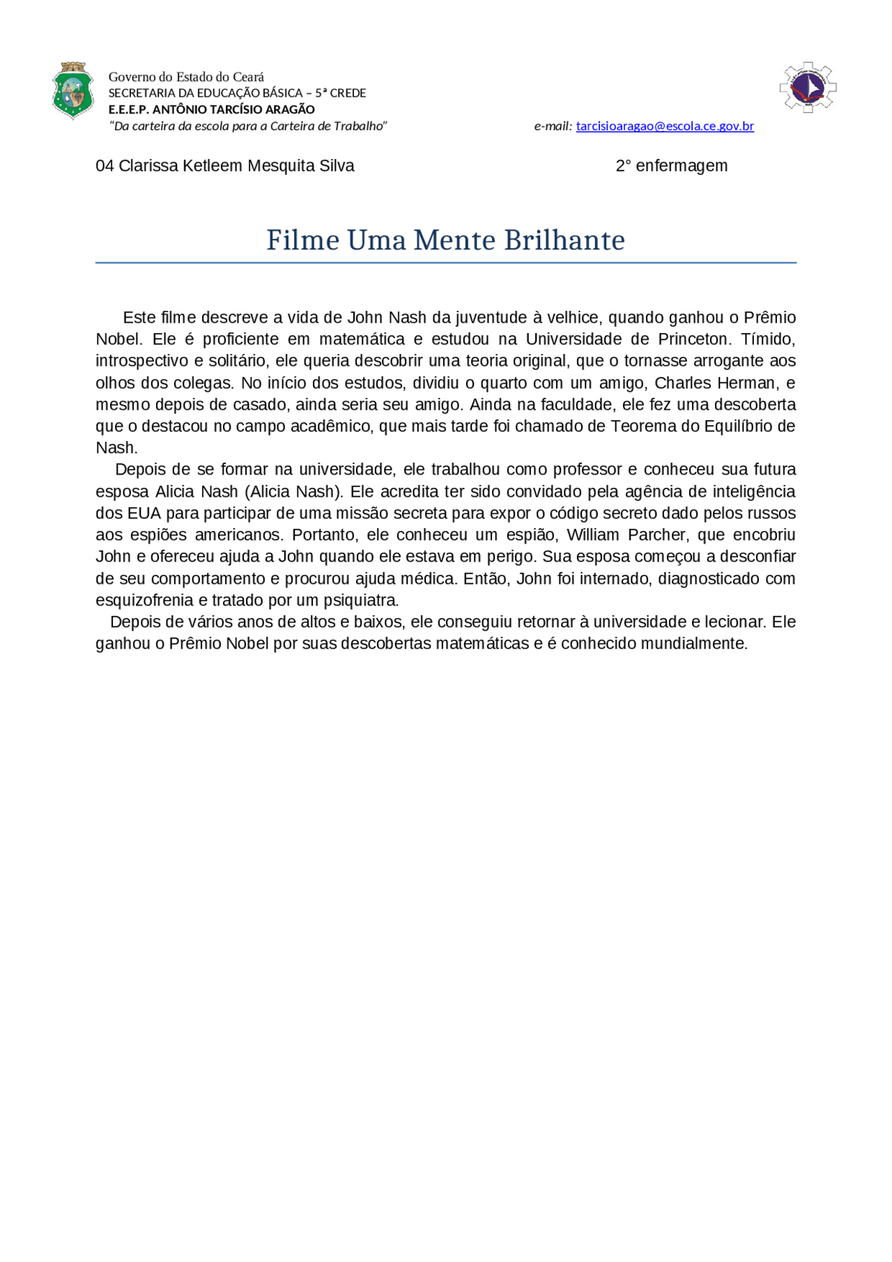 Resumo do filme: Uma Mente Brilhante | Resumos História | Docsity