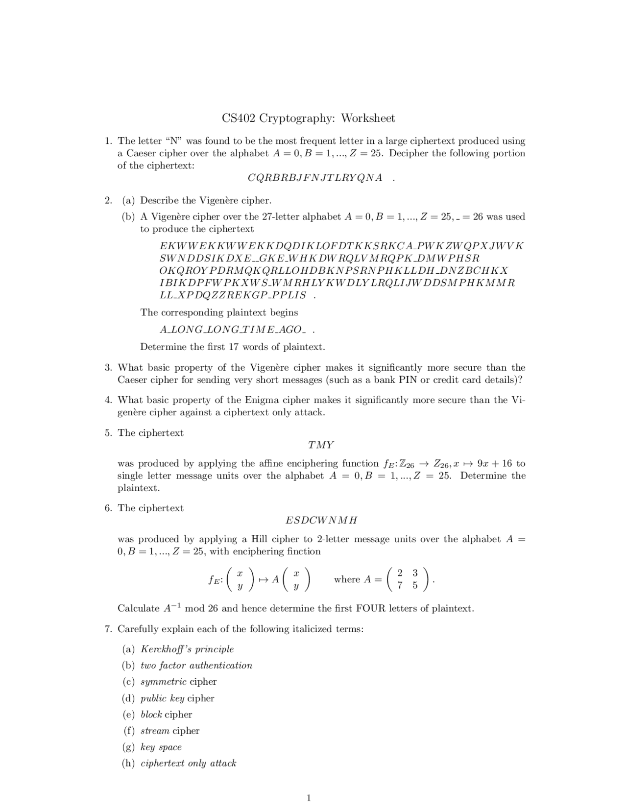 Encryption Worksheet.pdf CS402 Cryptography: Worksheet - Docsity