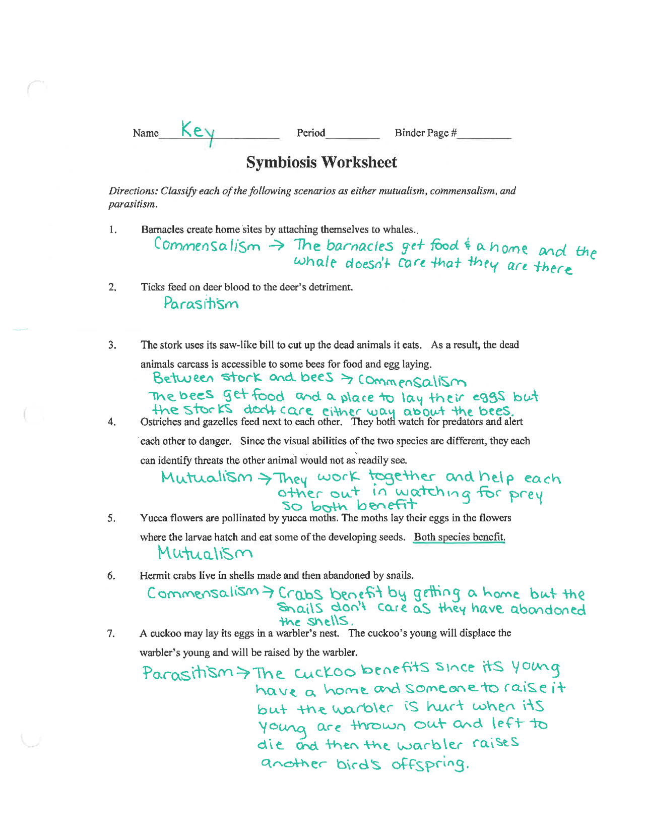 Symbiosis Symbiotic Interactions Relationship Worksheet Key - Docsity