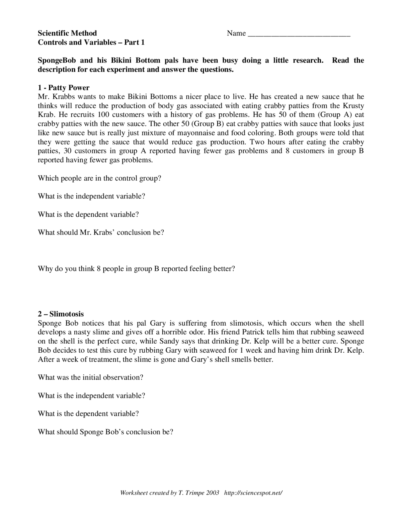 Spongebob Scientific Method Controls and Variables Worksheet Key |  Exercises Research Methodology | Docsity
