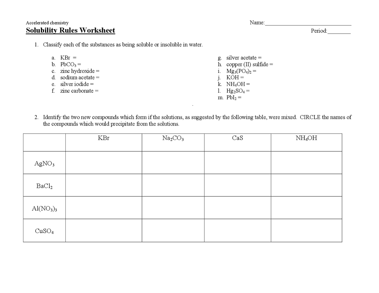 Solubility Rules Table Worksheet with Key | Exercises Economic Analysis |  Docsity