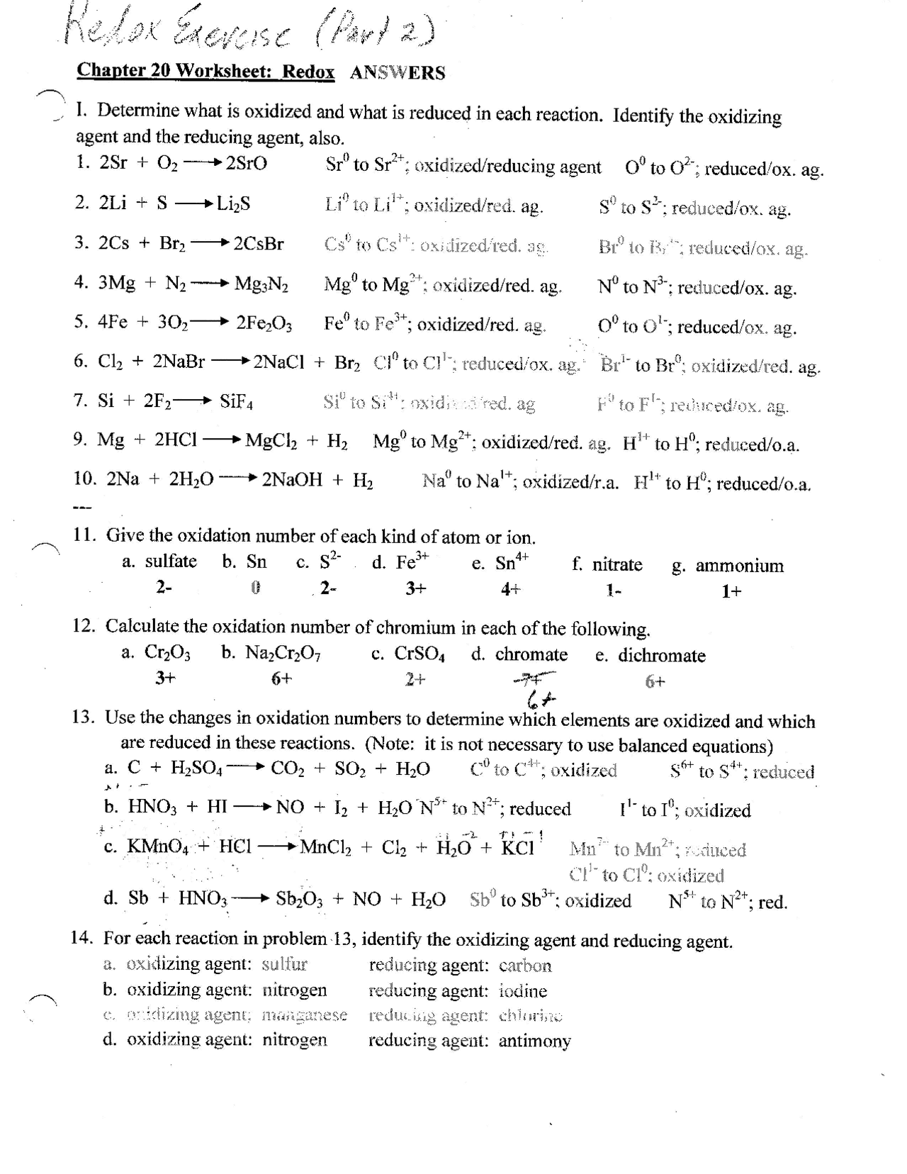 Chapter 20 Redox Worksheet Answers | Exercises Chemical Processes | Docsity