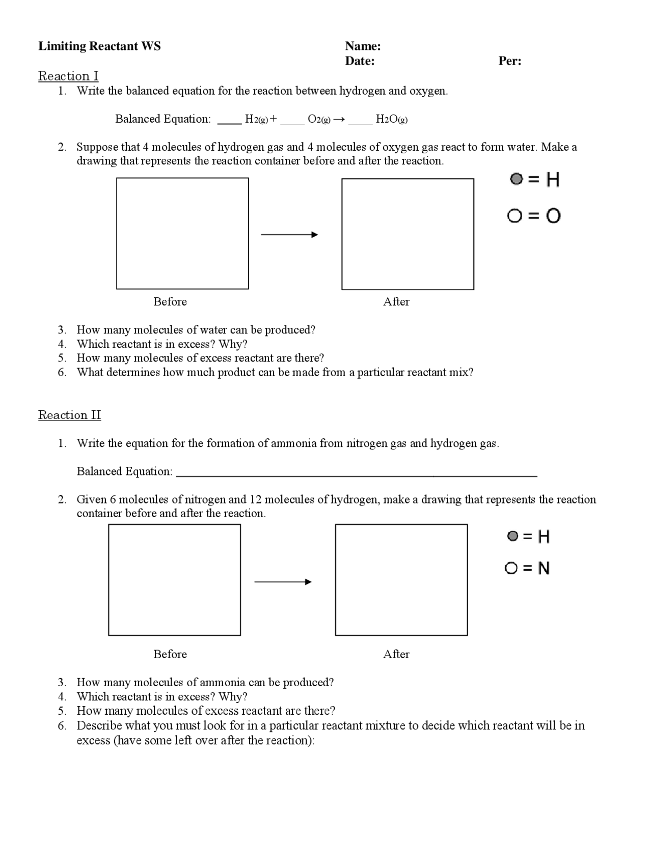 Limiting Reactant Worksheet - Docsity