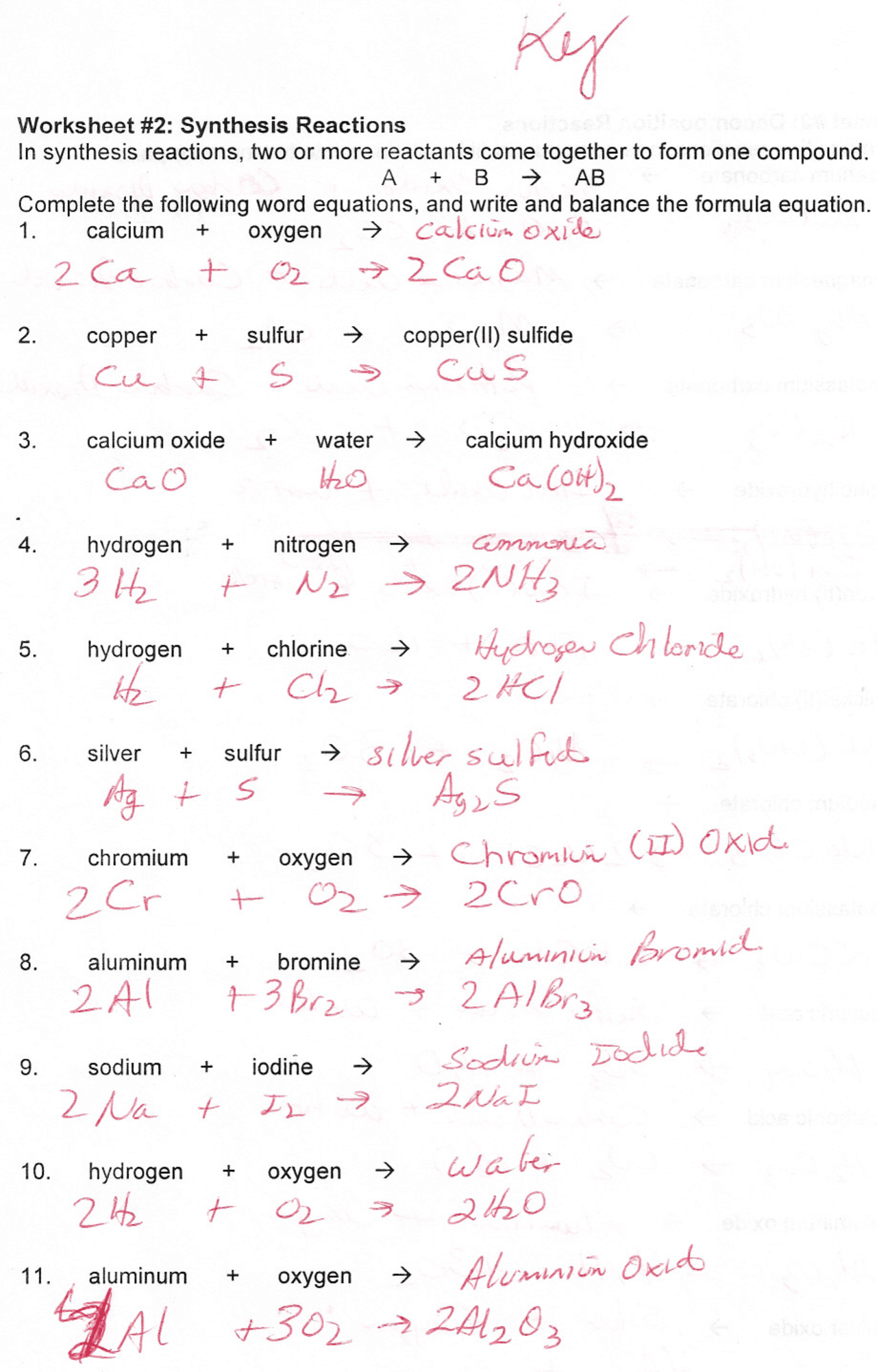 Combination Reactions Synthesis and Decomposition Worksheet Key | Exercises  Chemistry | Docsity