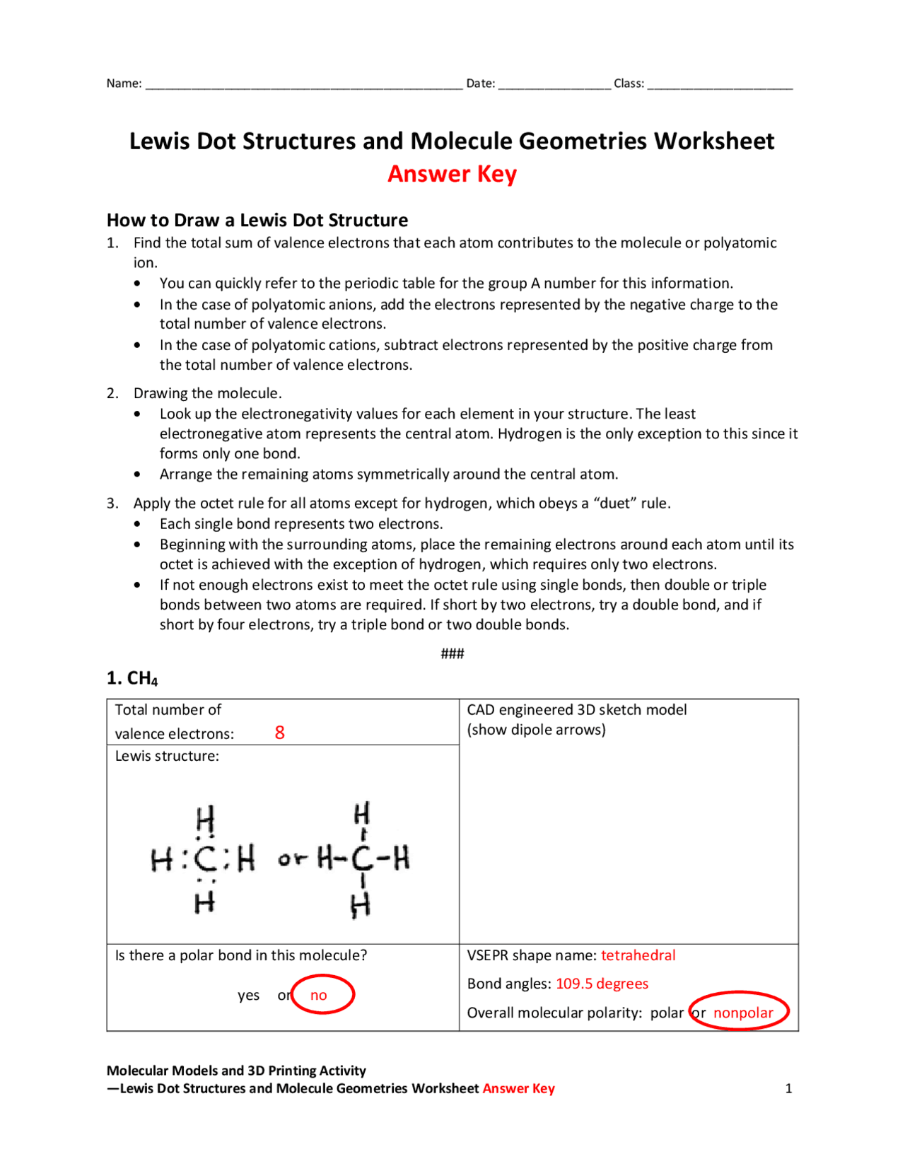 Lewis Dot Structures and Molecule Geometries Worksheet Answer Key With Worksheet Polarity Of Bonds Answers