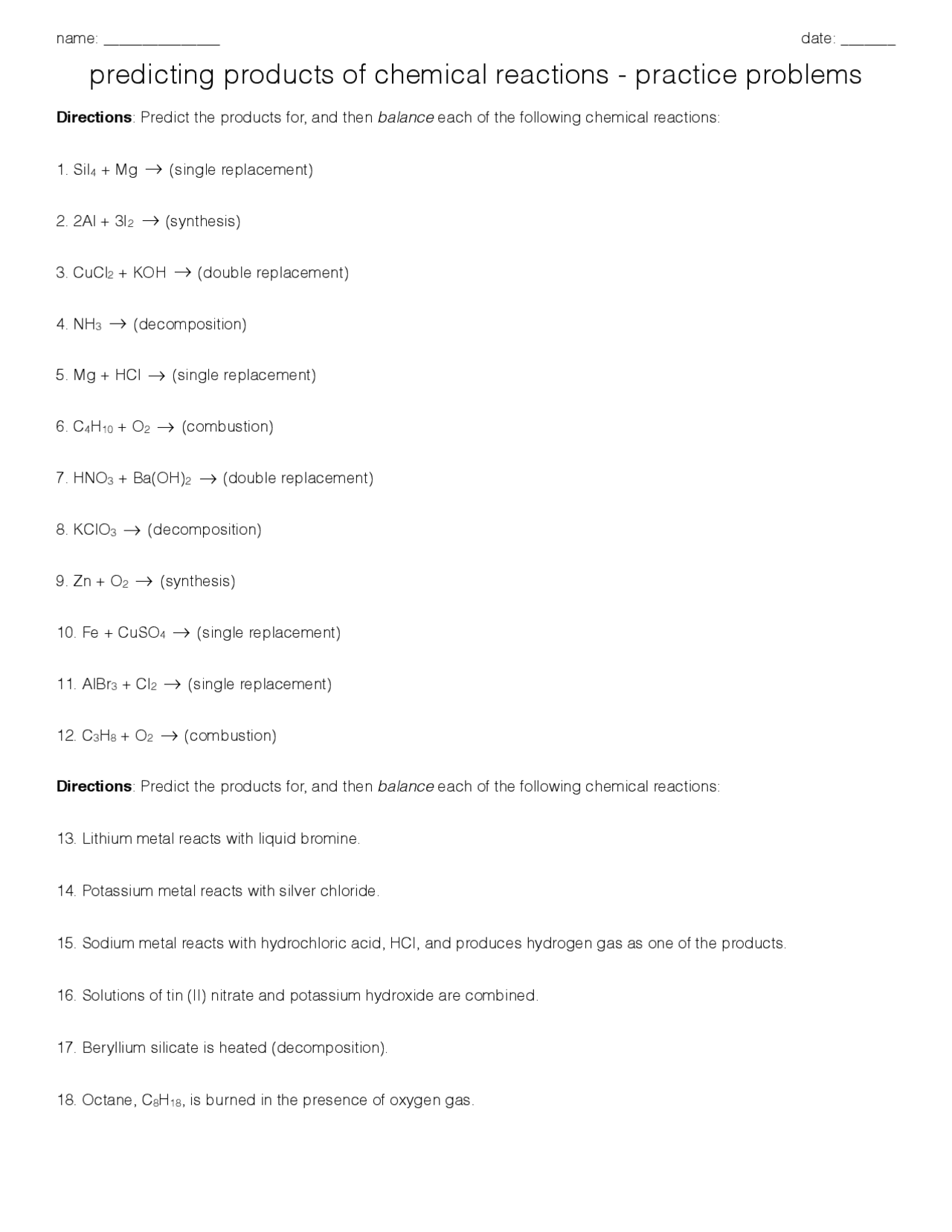 Predicting Products of Chemical Reactions Worksheet | Exercises Chemistry |  Docsity