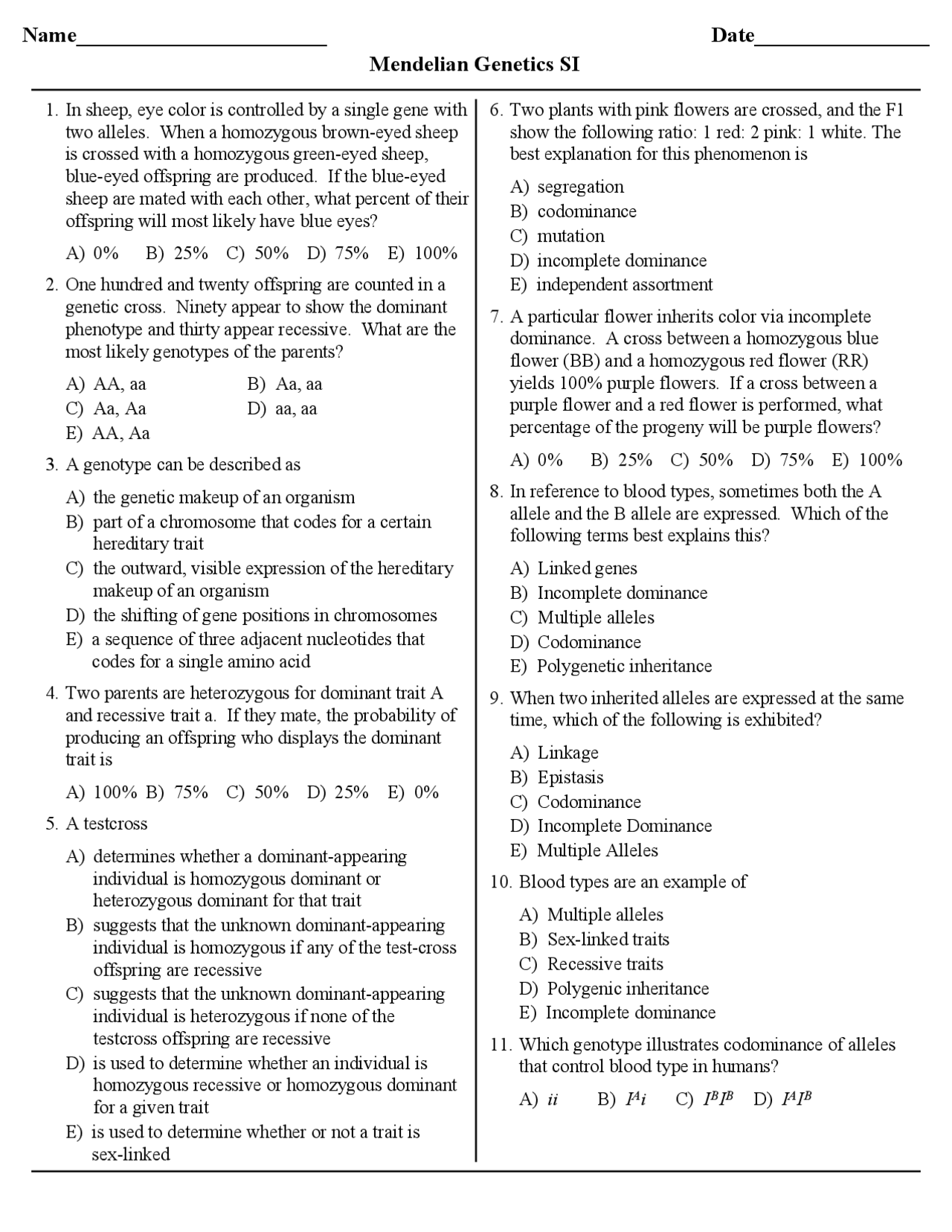 Mendelian Genetics Worksheet with Answer Key | Exercises Genetics | Docsity