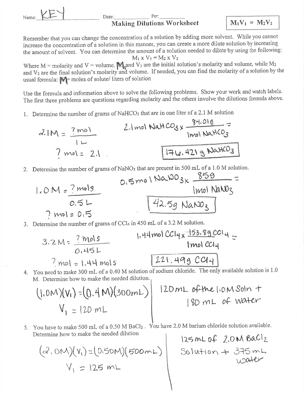 Making Dilutions Worksheet Answers Key | Exercises Chemistry | Docsity