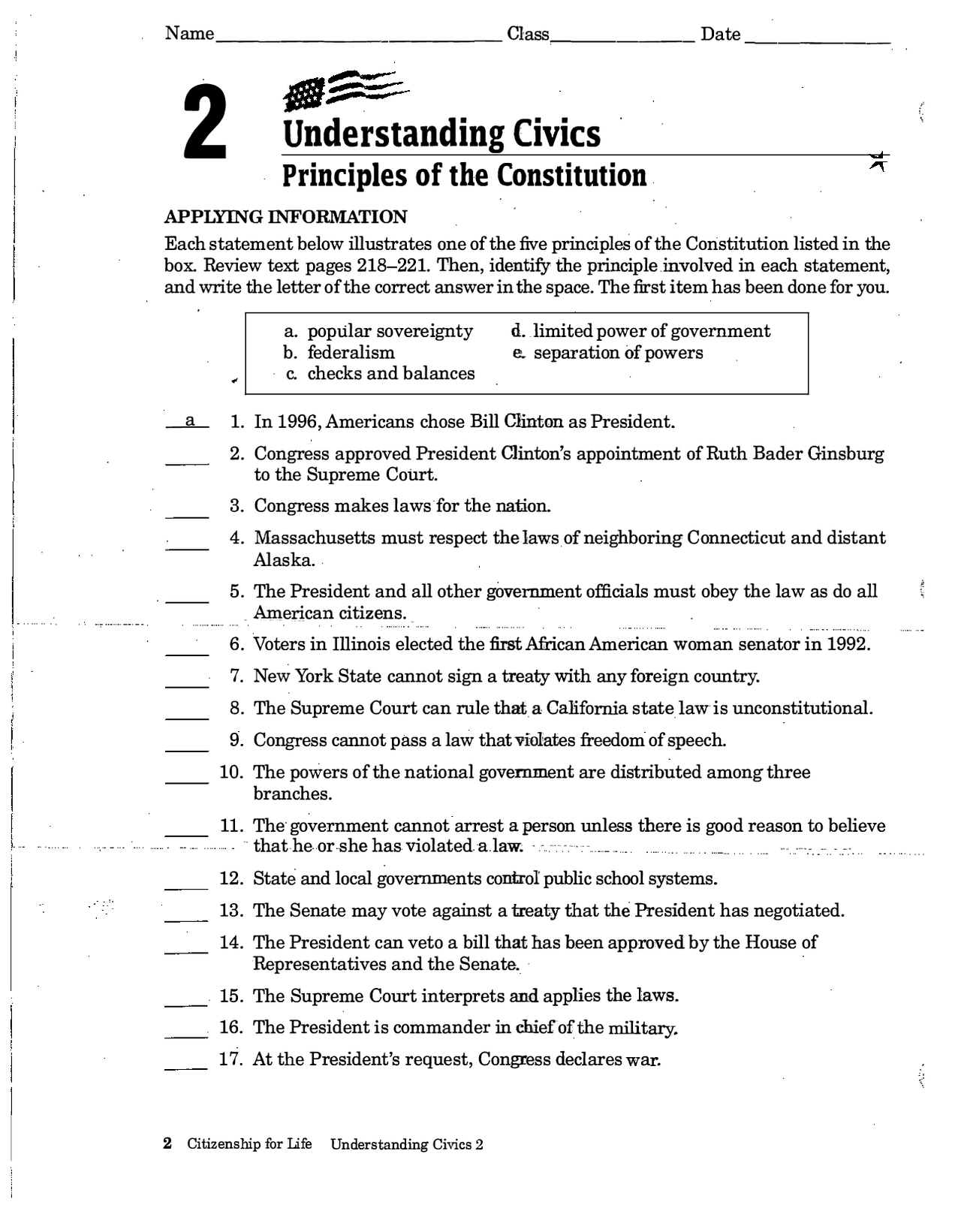 Understanding Civics: Principles of the Constitution Worksheet With Constitutional Principles Worksheet Answers