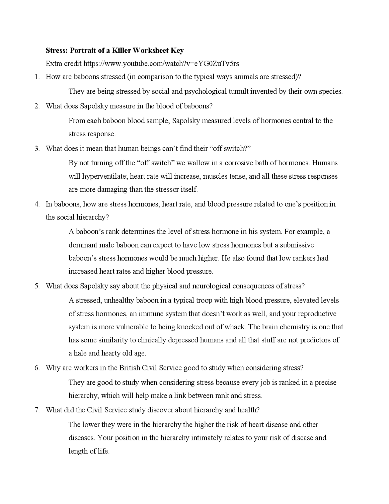 Stress: Portrait of a Killer Worksheet with Answer Key | Exercises Health  psychology | Docsity