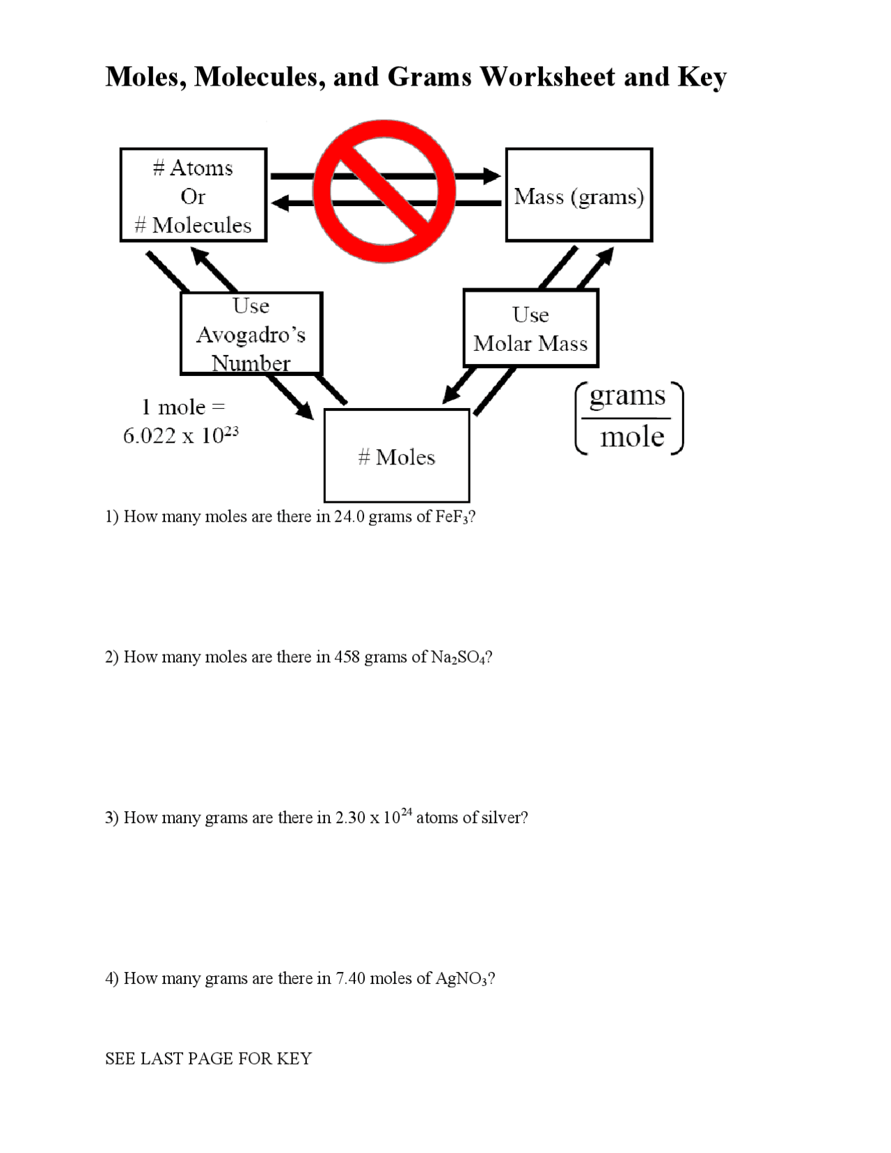 Moles, Molecules, and Grams Worksheet and Key - Docsity Regarding Moles Molecules And Grams Worksheet