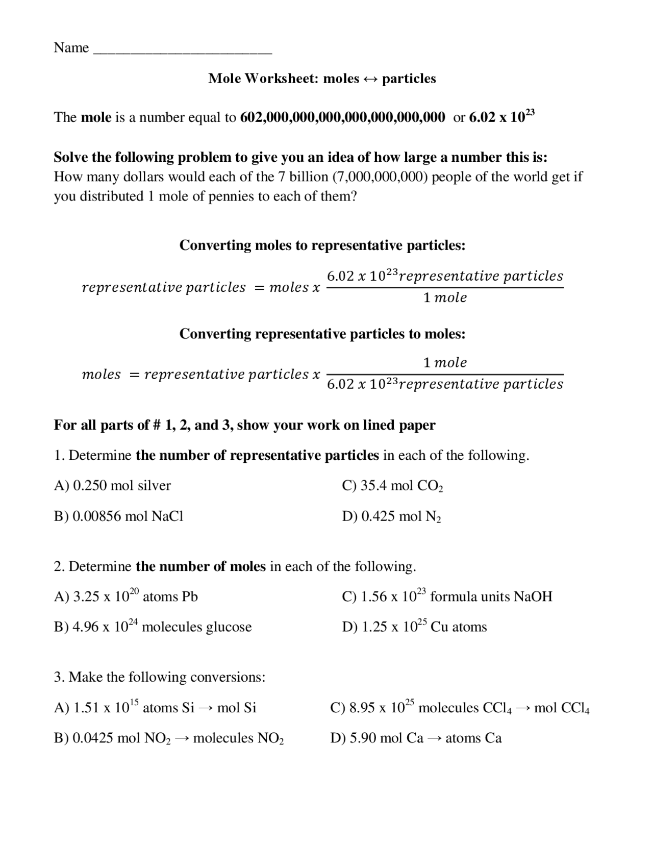 Mole Worksheet moles to particles Docsity