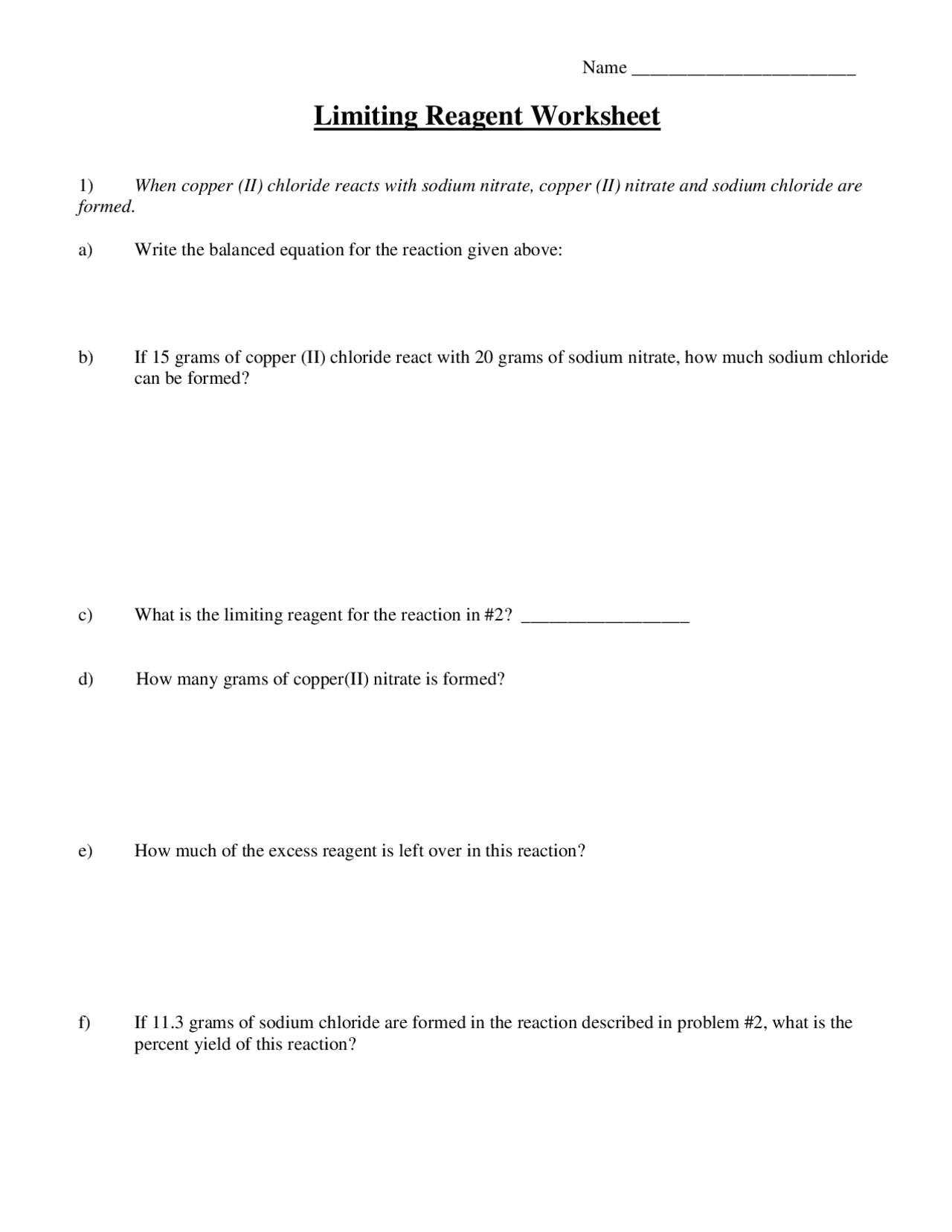 Worksheet for Limiting Reagent - Docsity