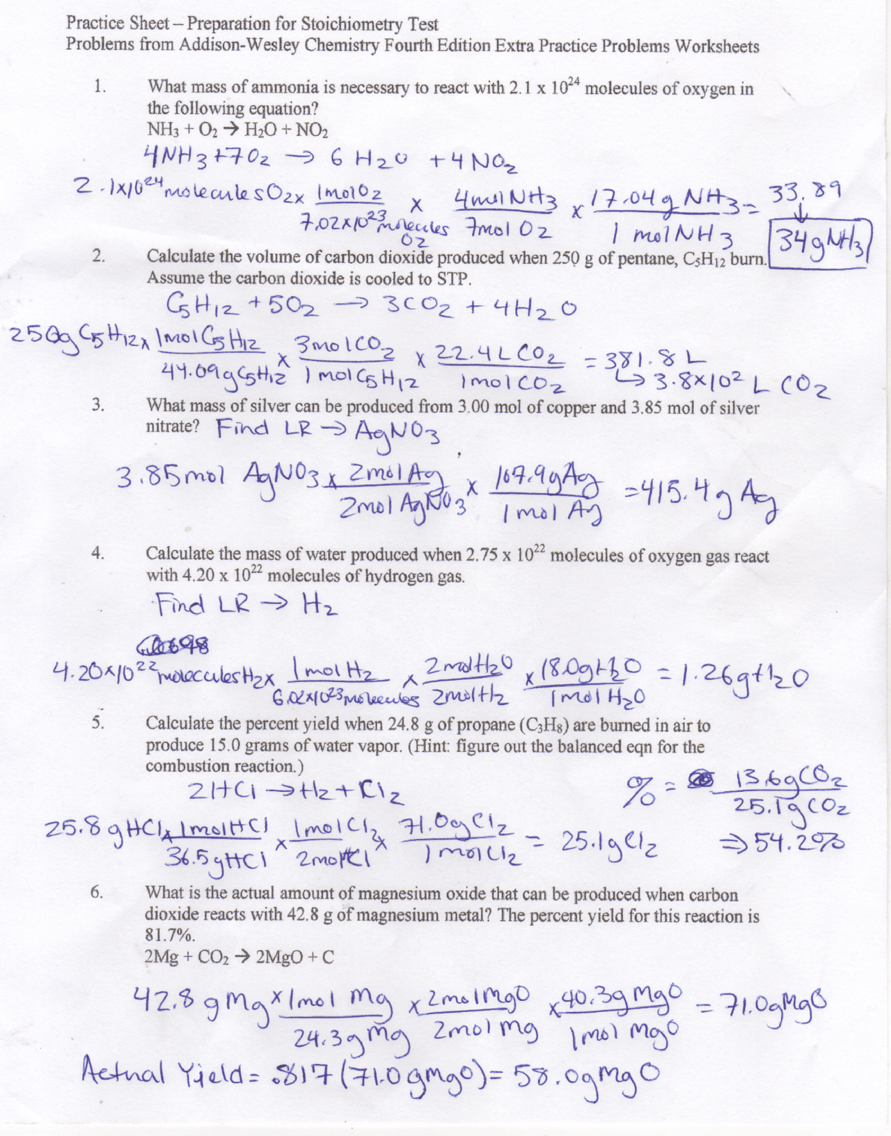 Stoichiometry Test Preparation Worksheet Answers | Exercises Chemistry |  Docsity