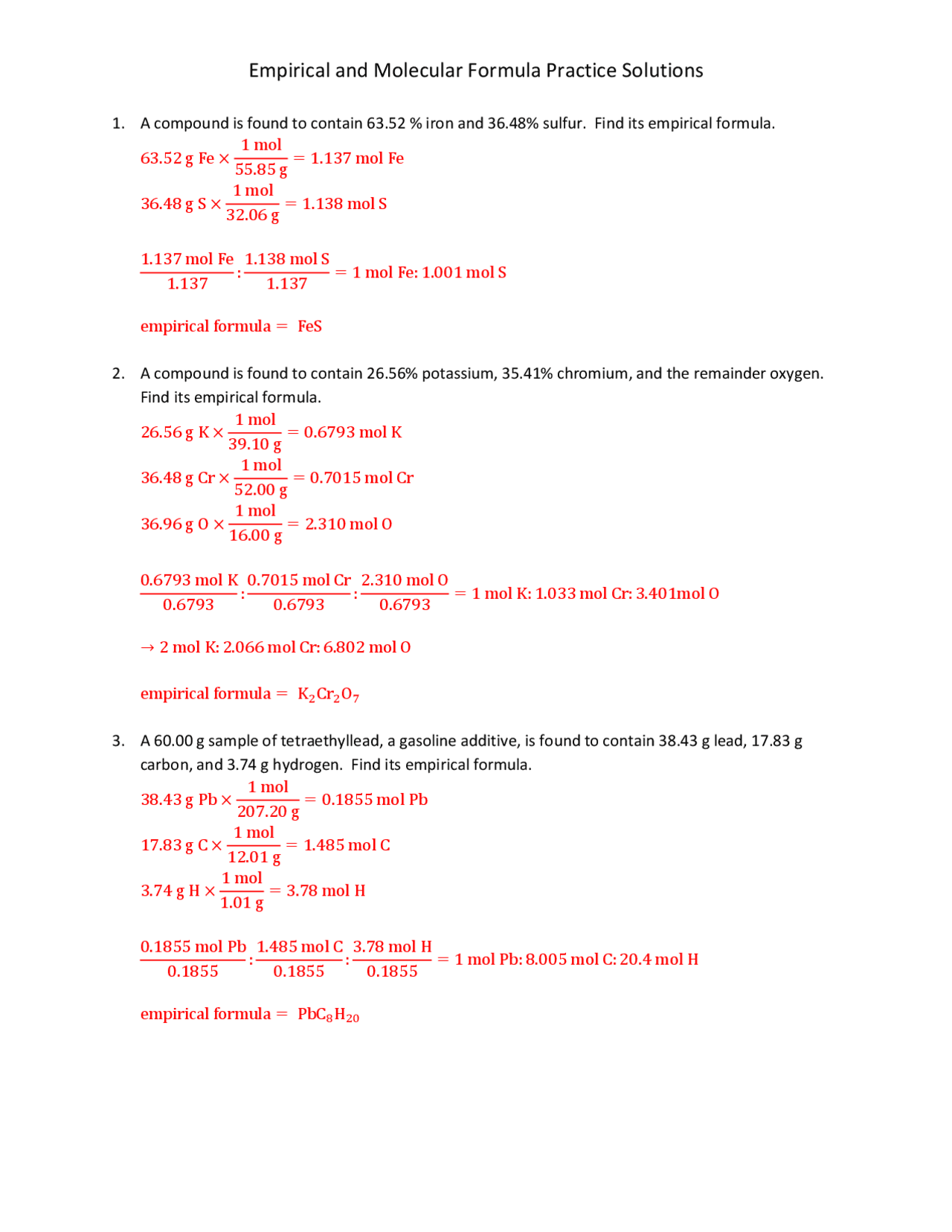 Empirical and Molecular Formula Practice Solutions | Exercises Chemistry |  Docsity