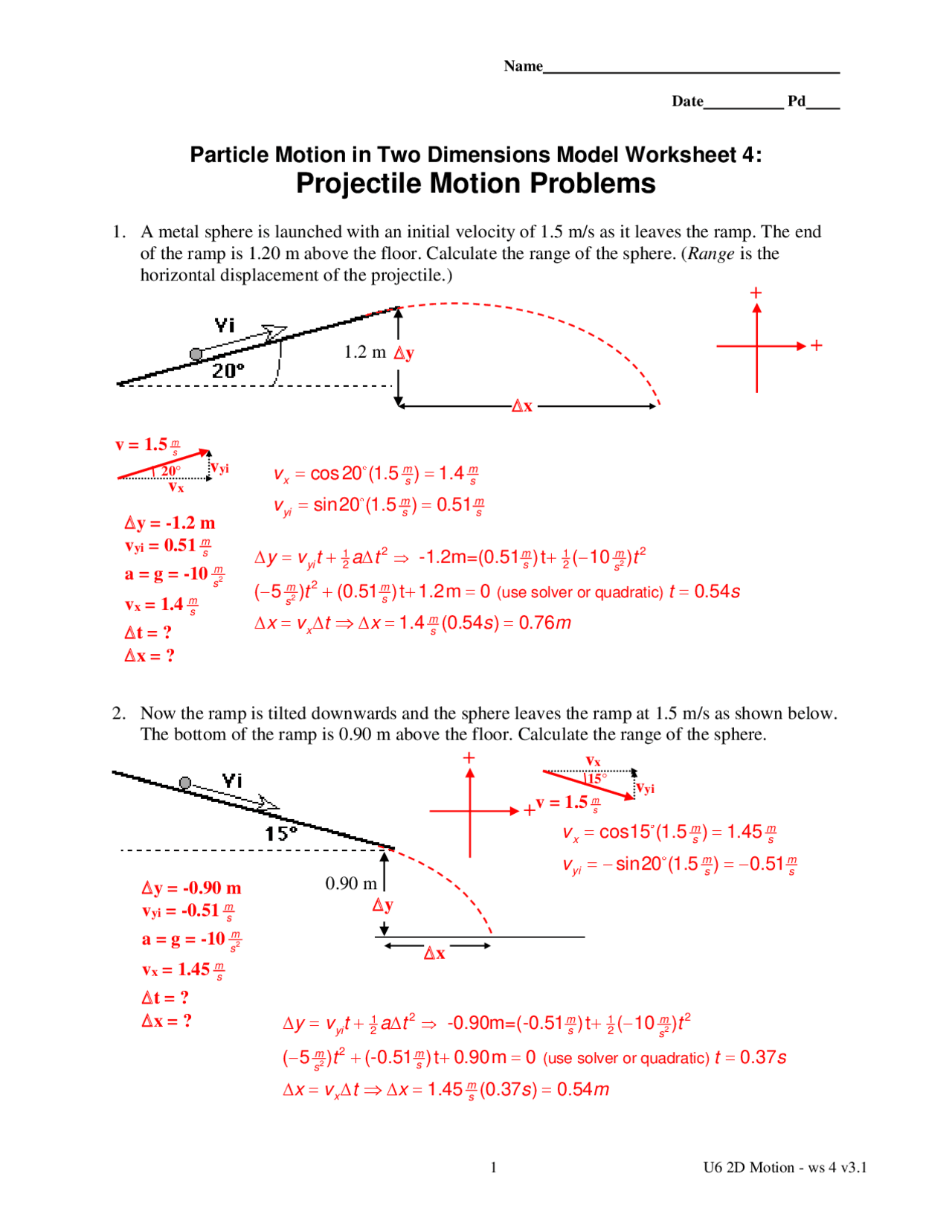 Particle Motion in Two Dimensions Model Worksheet 4: Projectile Motion  Problems | Exercises Physics | Docsity