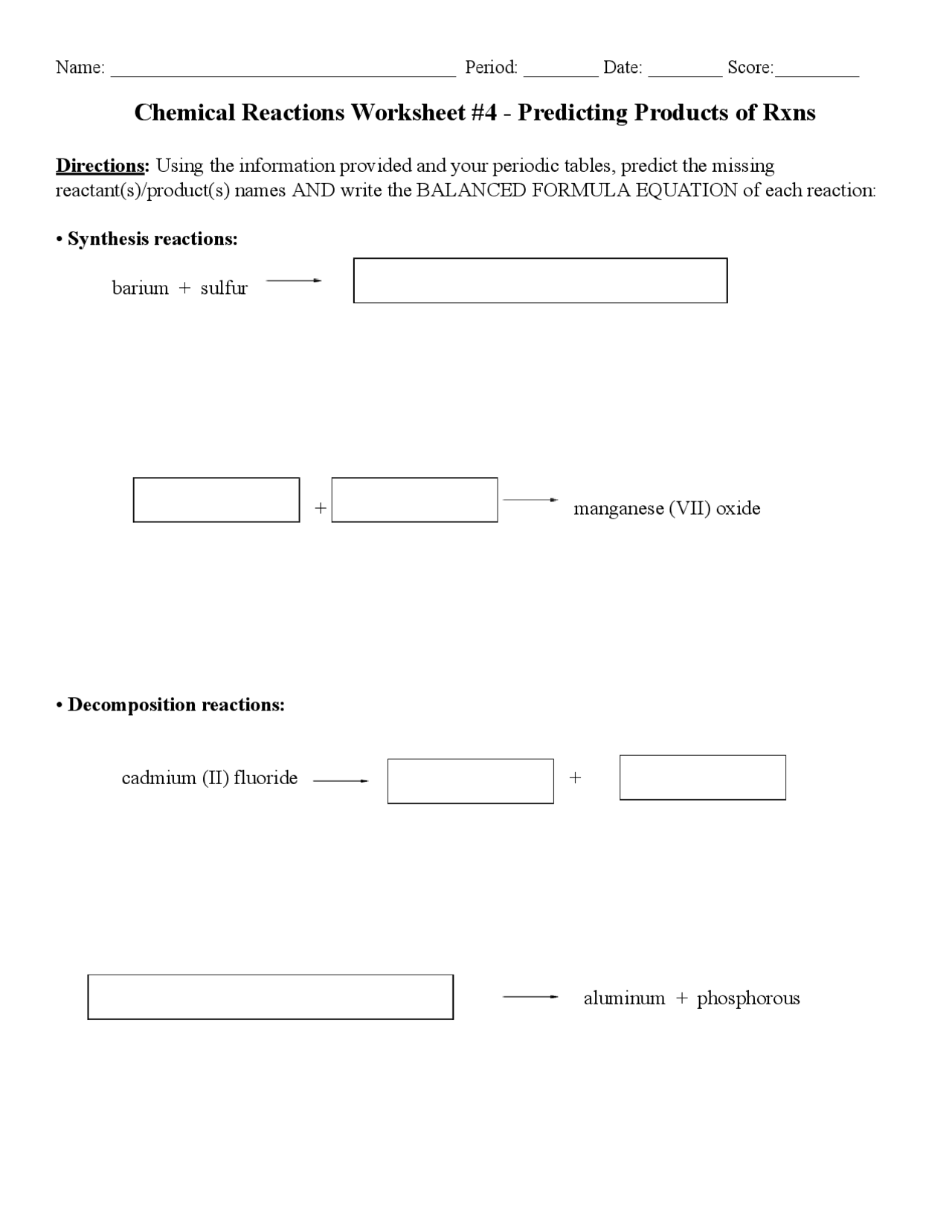 Chemical Reactions Worksheet - Predicting Products and Balance