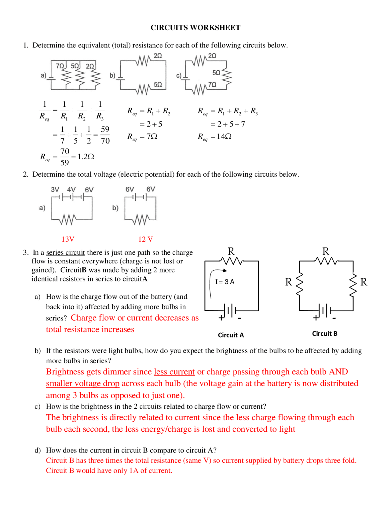 Worksheet on Circuit with Solutions | Exercises Electrical Circuit ...