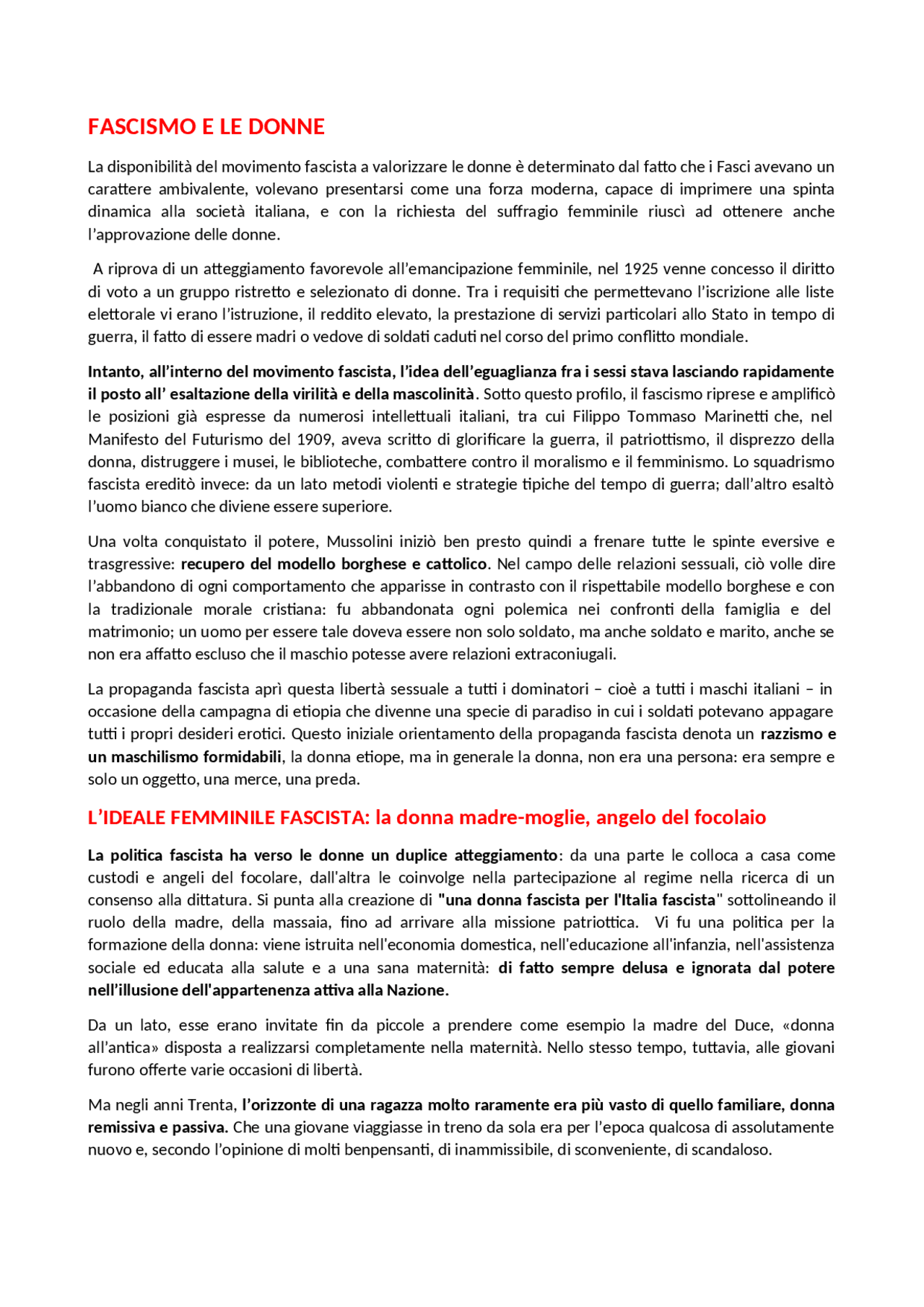 Ruolo delle donne durante l'era Fascista - Docsity